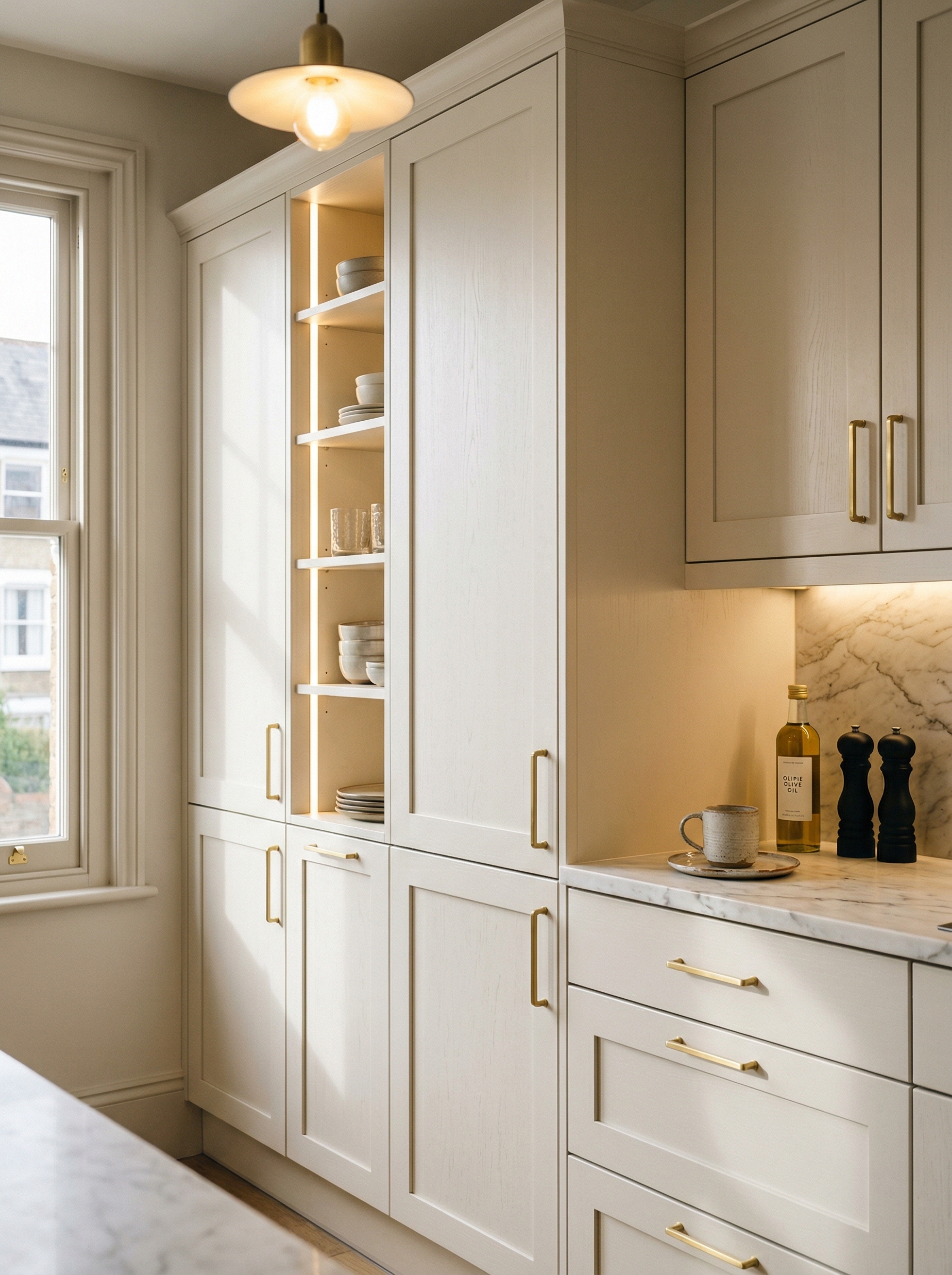 Bespoke kitchen installation, full-height cabinetry and considered storage design