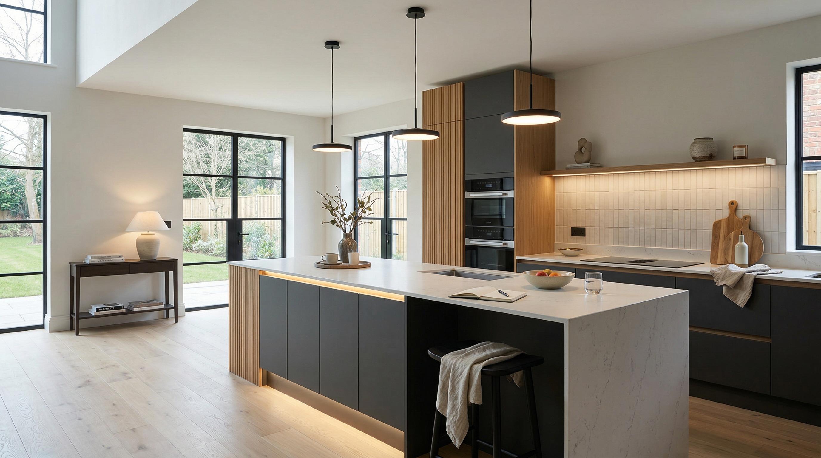 Wide view of a newly completed bespoke Mastercraft kitchen, contemporary in-frame cabinetry in indigo tones
