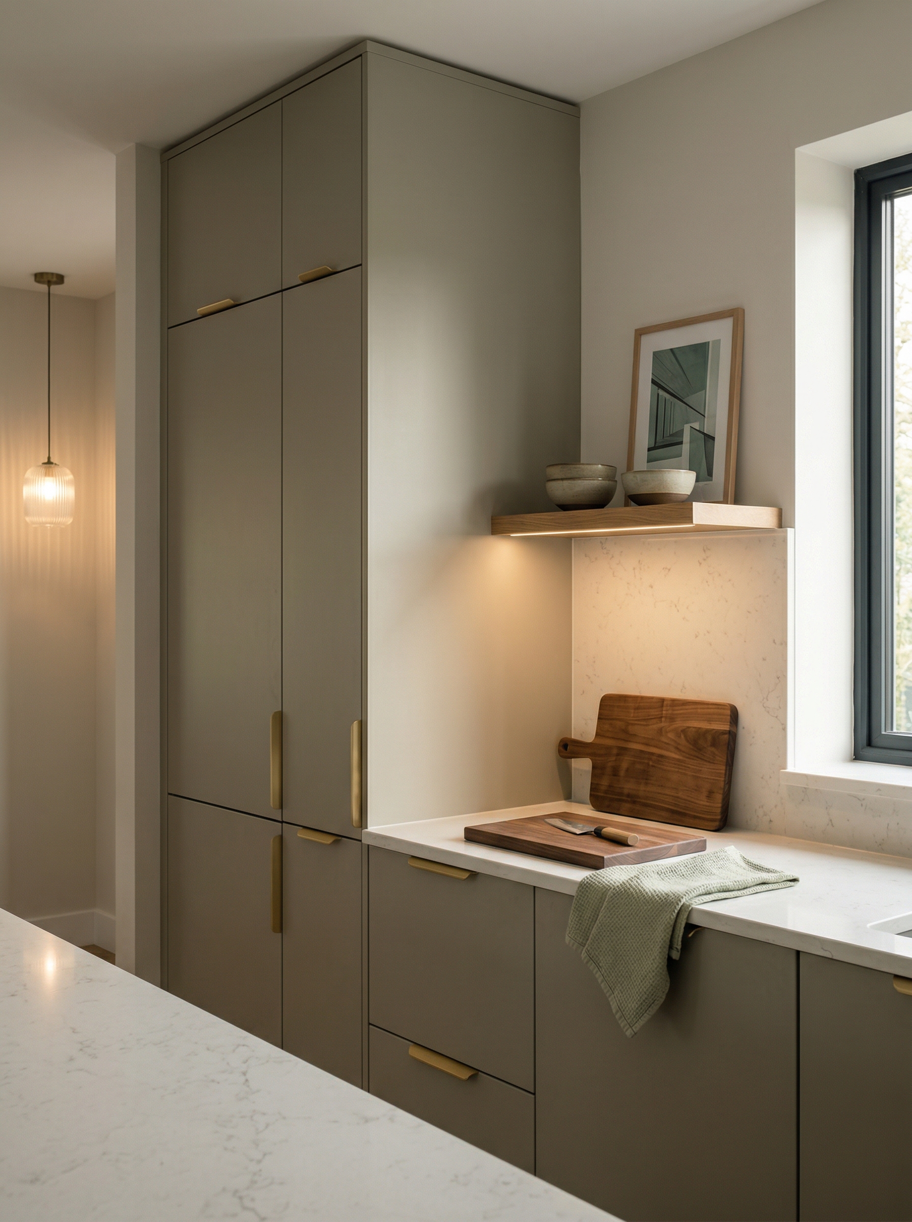Tall view of full-height bespoke kitchen cabinetry, contemporary in-frame cabinetry