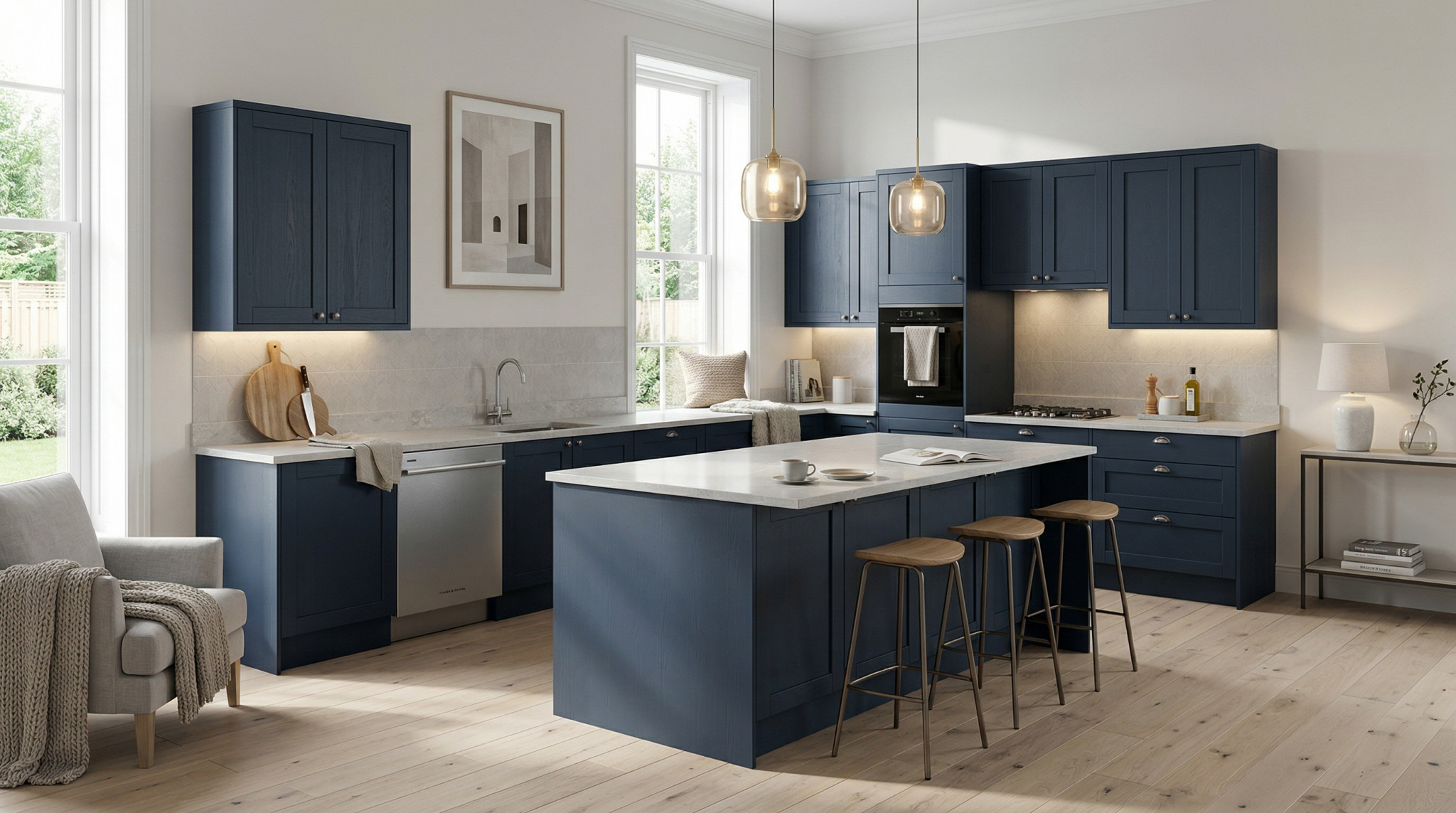 Wide view of a newly completed bespoke Mastercraft kitchen, matt painted handleless slab cabinetry in willow tones