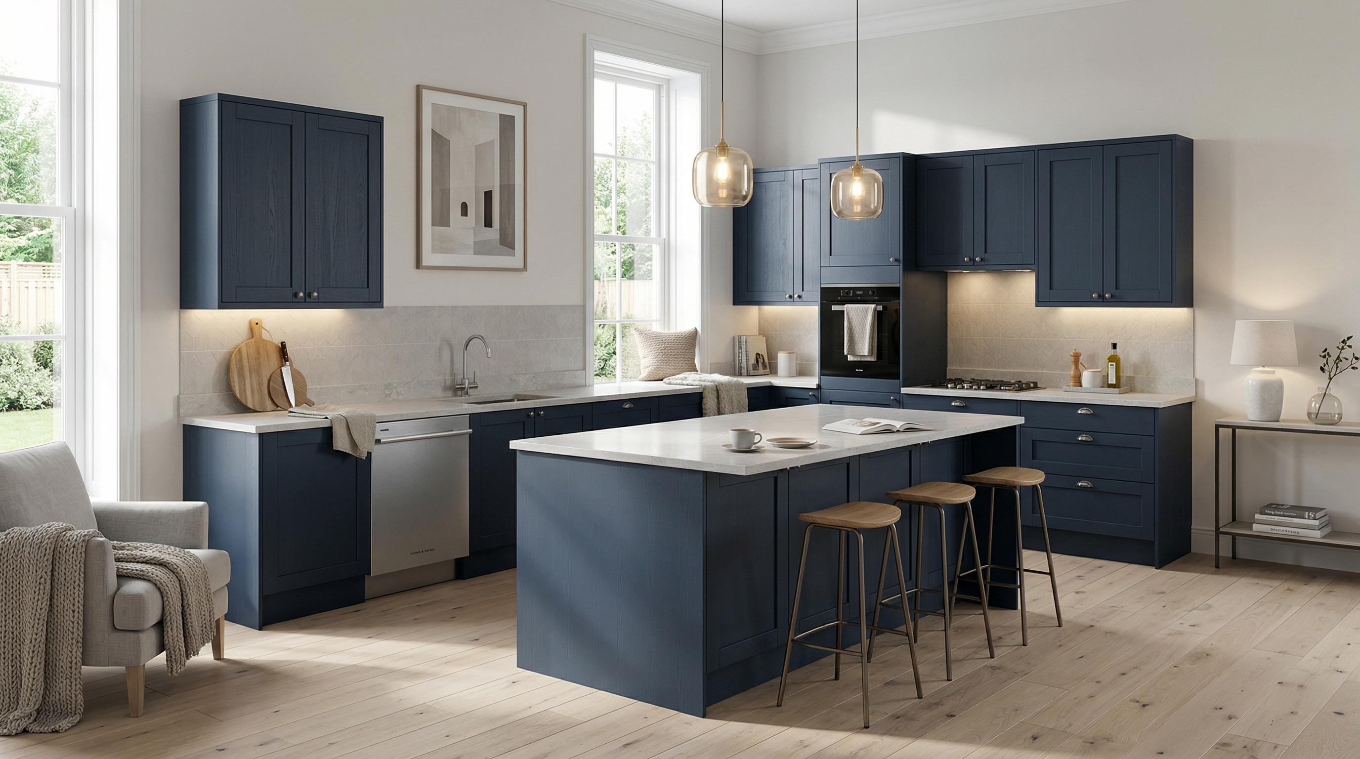 hero_1200x675 Wide view of a newly completed bespoke Mastercraft kitchen, matt painted handleless slab cabinetry in willow tones