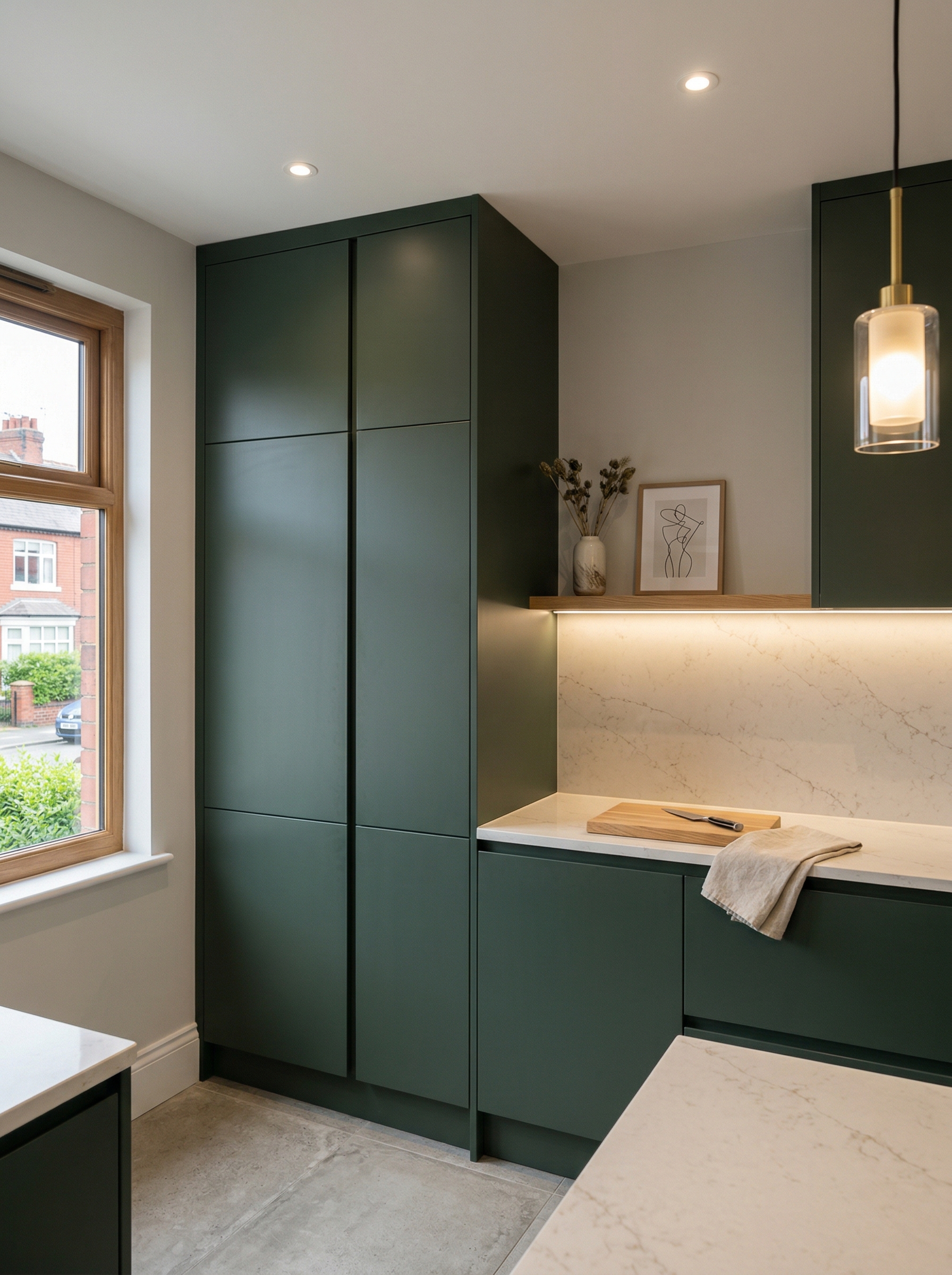 Tall view of full-height bespoke kitchen cabinetry, matt painted handleless slab cabinetry