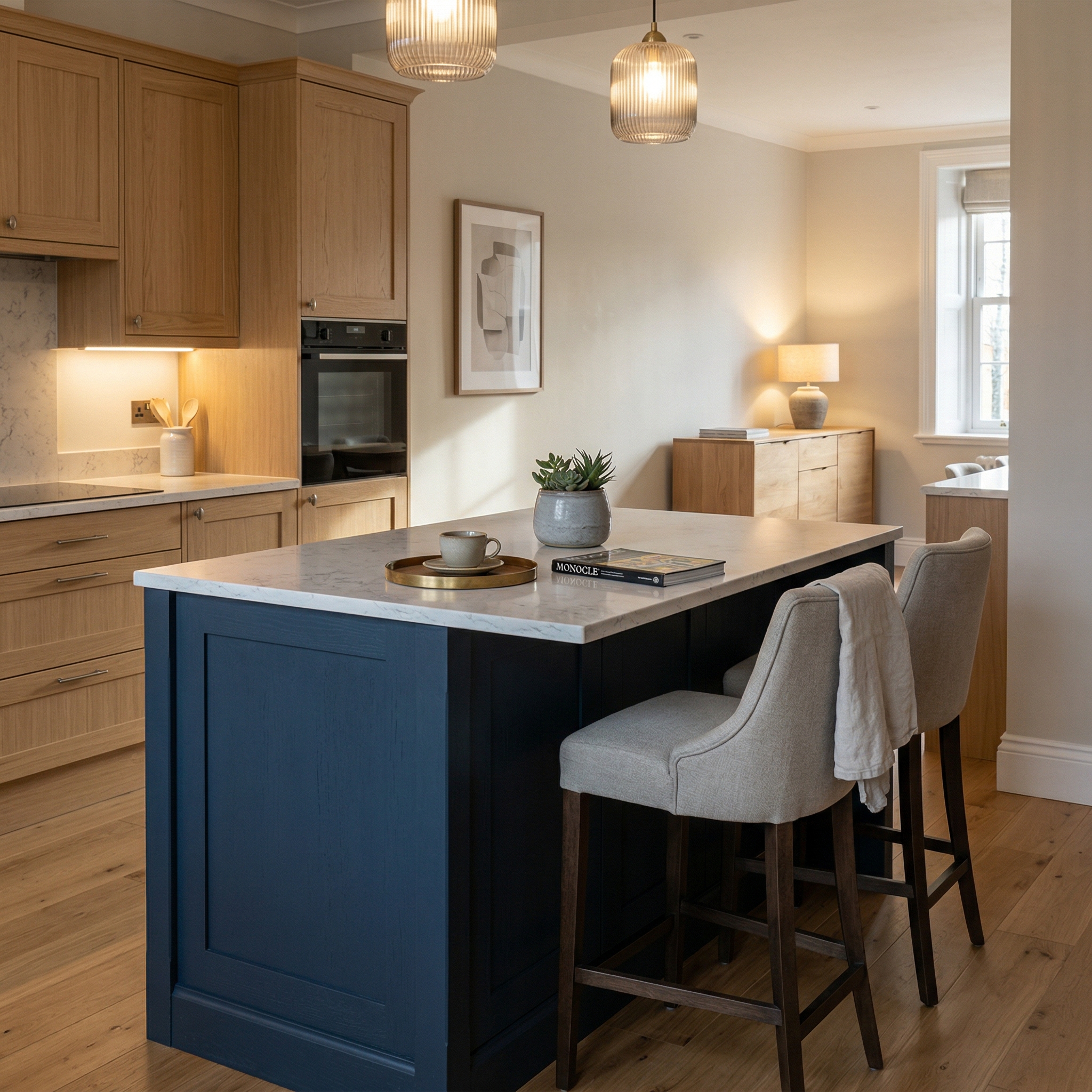 Bespoke kitchen island detail, matt painted handleless slab cabinetry with quality joinery