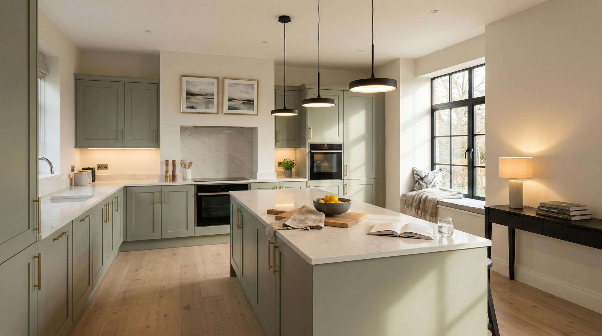 Wide view of a newly completed bespoke Mastercraft kitchen, modern shaker cabinetry in lava tones