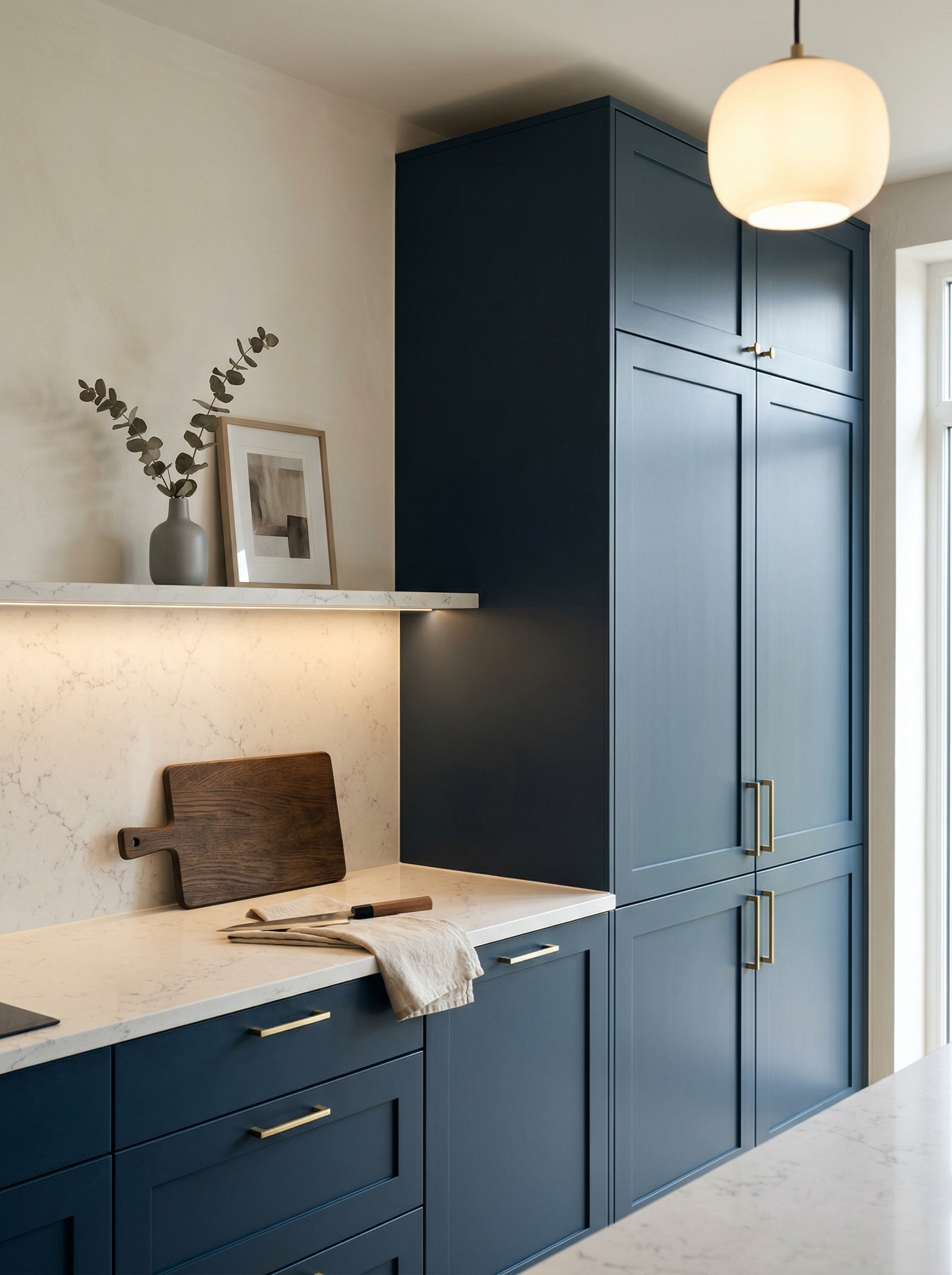 Tall view of full-height bespoke kitchen cabinetry, modern shaker cabinetry
