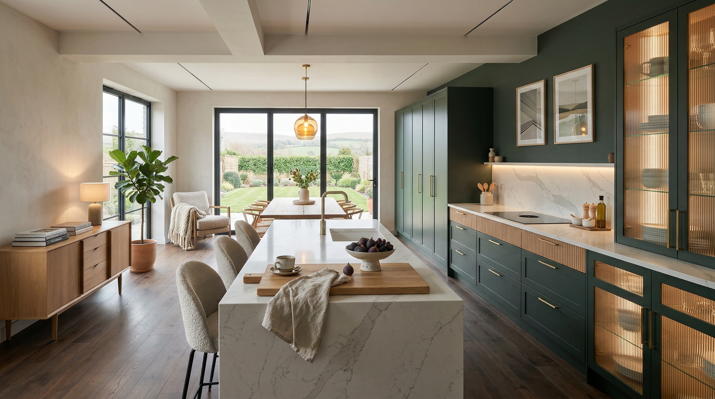 Mastercraft bespoke kitchen in Swanage, wide architectural view showing room volume and design quality