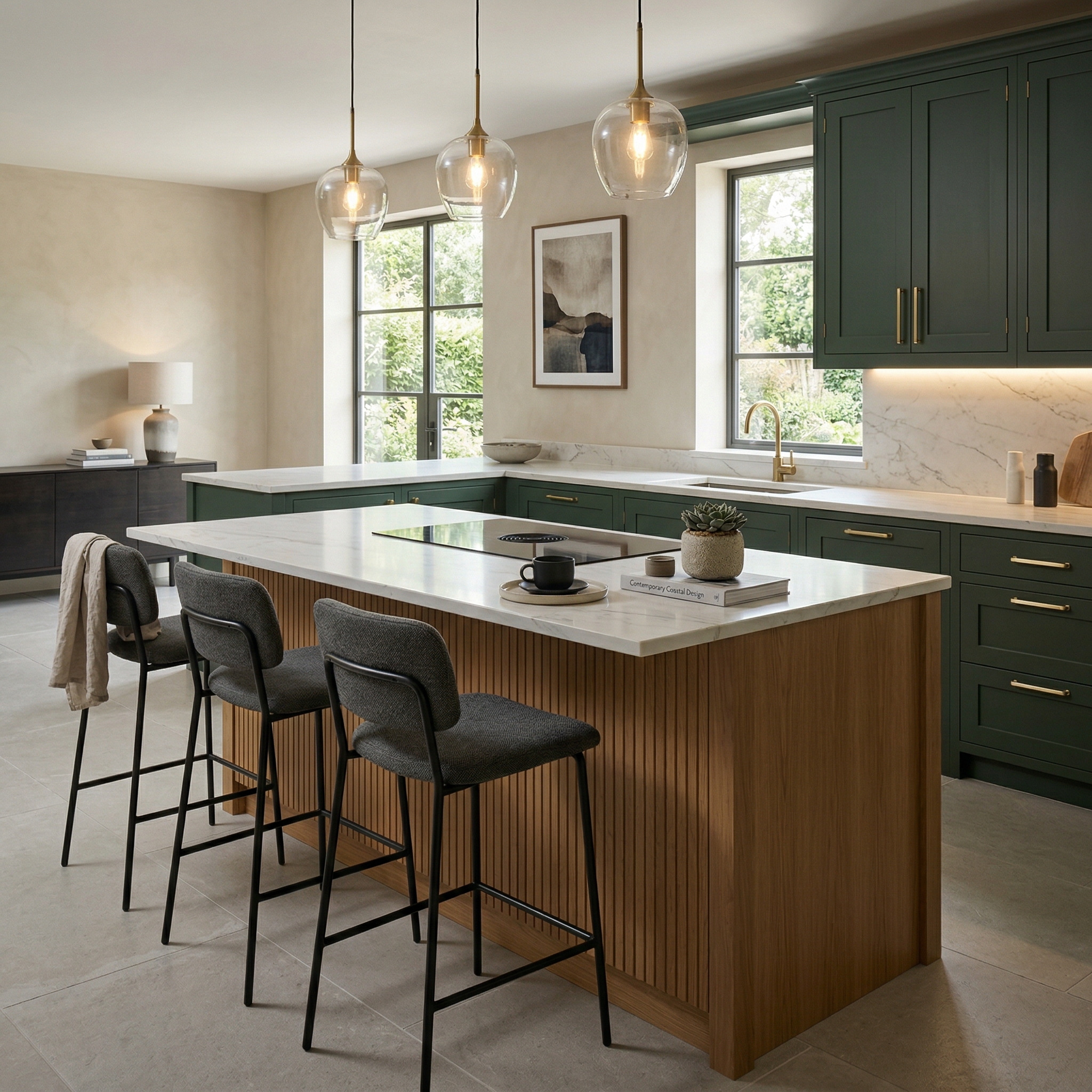 Bespoke kitchen island detail, timber veneer slab-door cabinetry with quality joinery