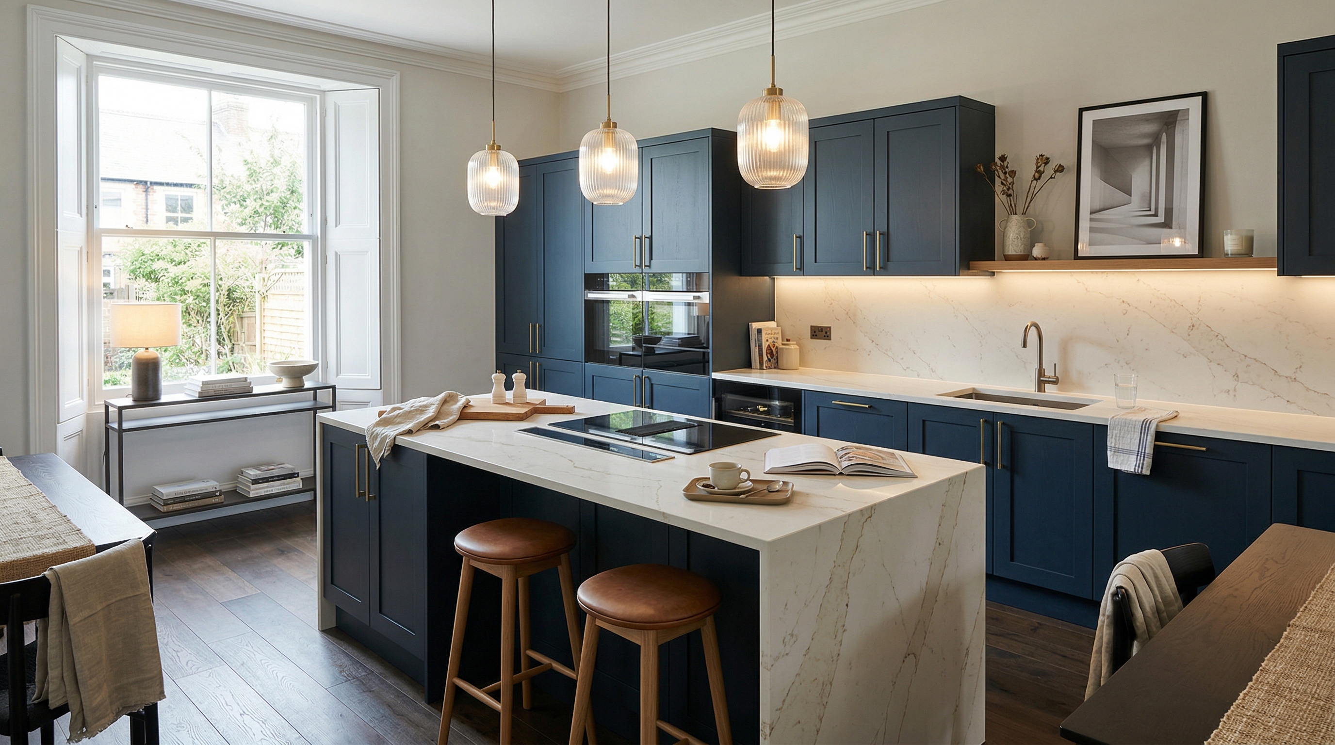 Wide view of a newly completed bespoke Mastercraft kitchen, contemporary painted lay-on cabinetry in marine tones
