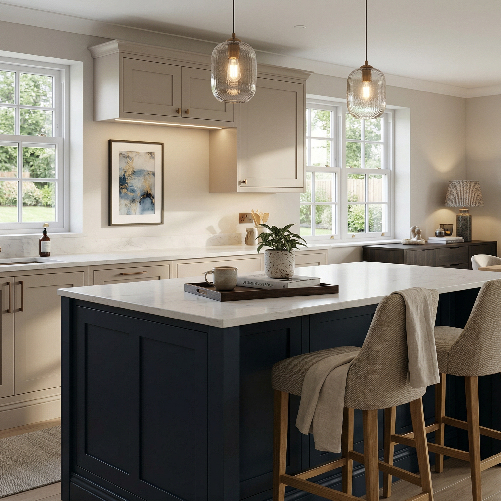 Bespoke kitchen island detail, contemporary painted lay-on cabinetry with quality joinery