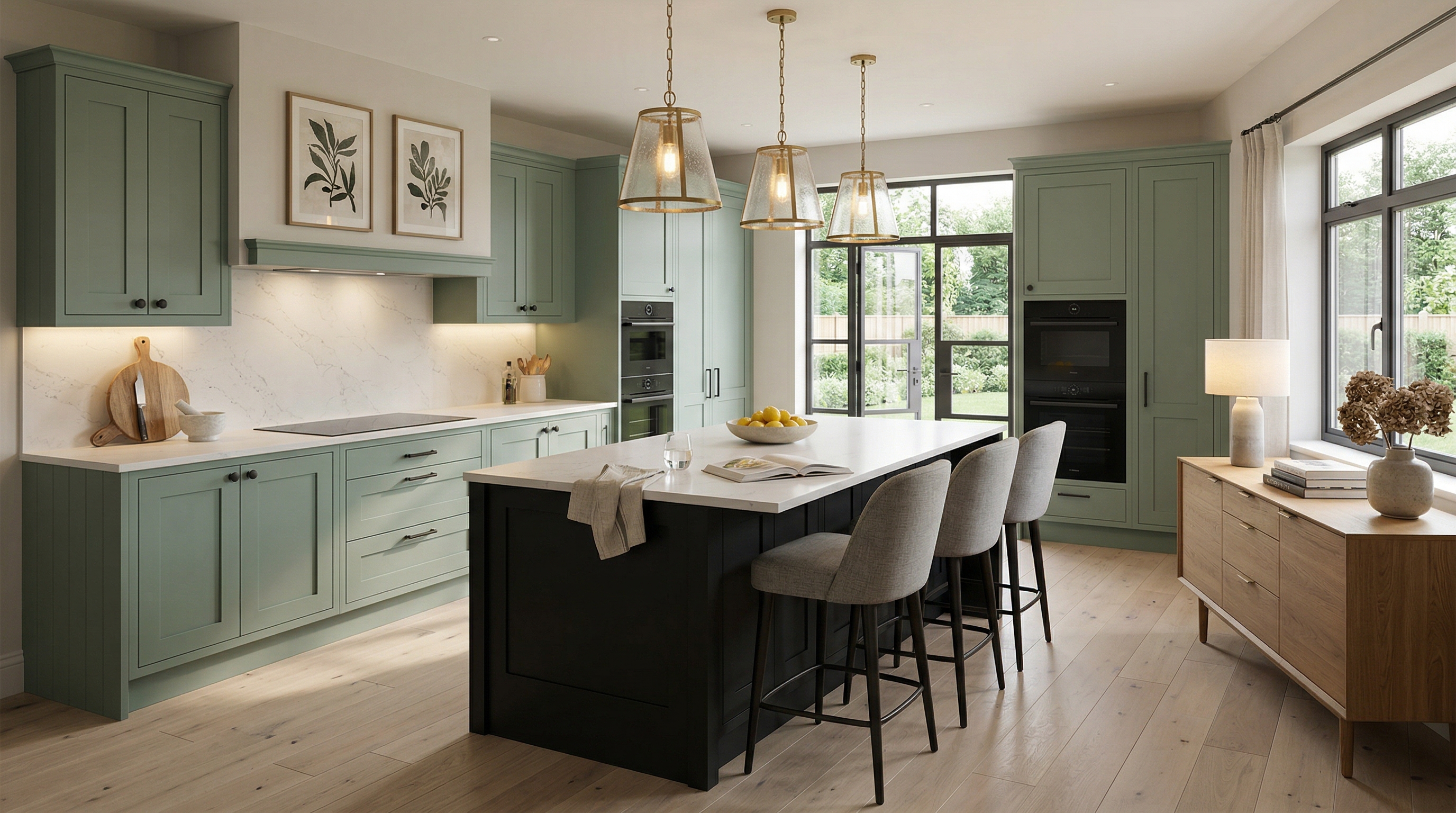 hero_1200x675 Wide view of a newly completed bespoke Mastercraft kitchen, modern shaker cabinetry in dust grey tones