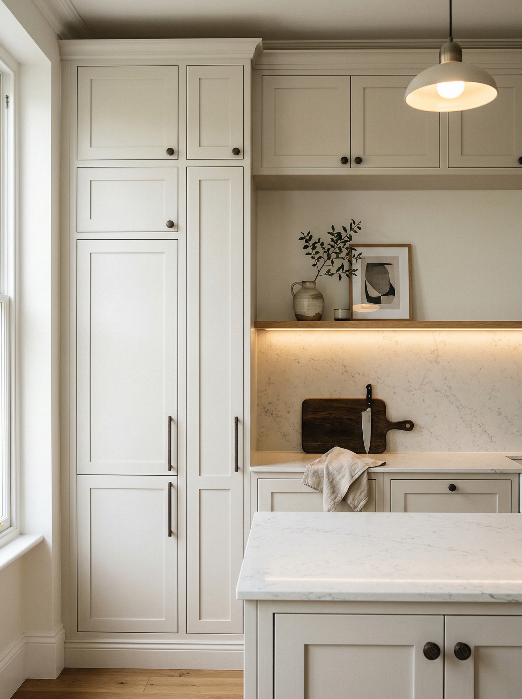 Tall view of full-height bespoke kitchen cabinetry, modern shaker cabinetry