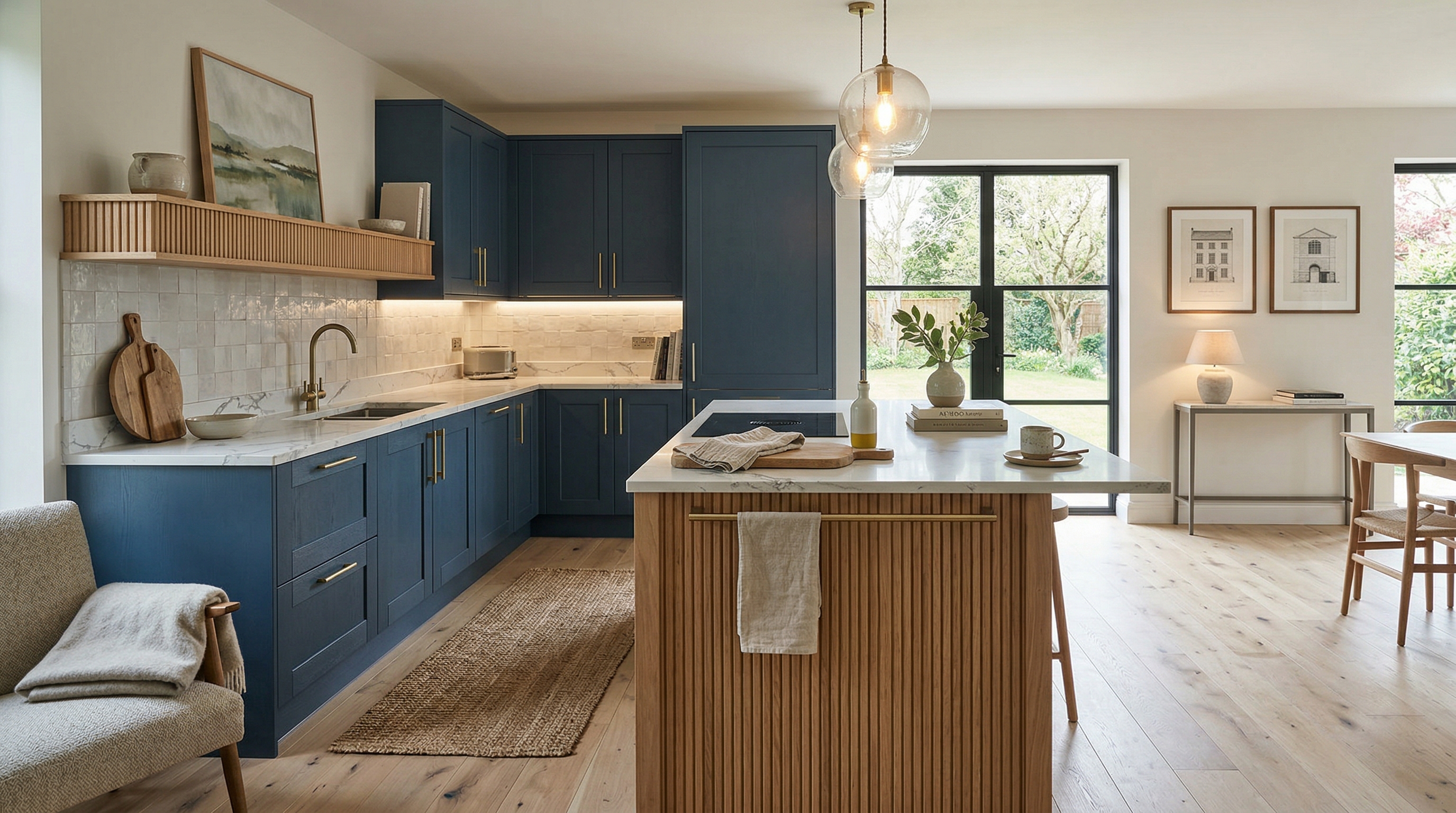 Mastercraft bespoke kitchen in Tavistock, wide architectural view showing room volume and design quality