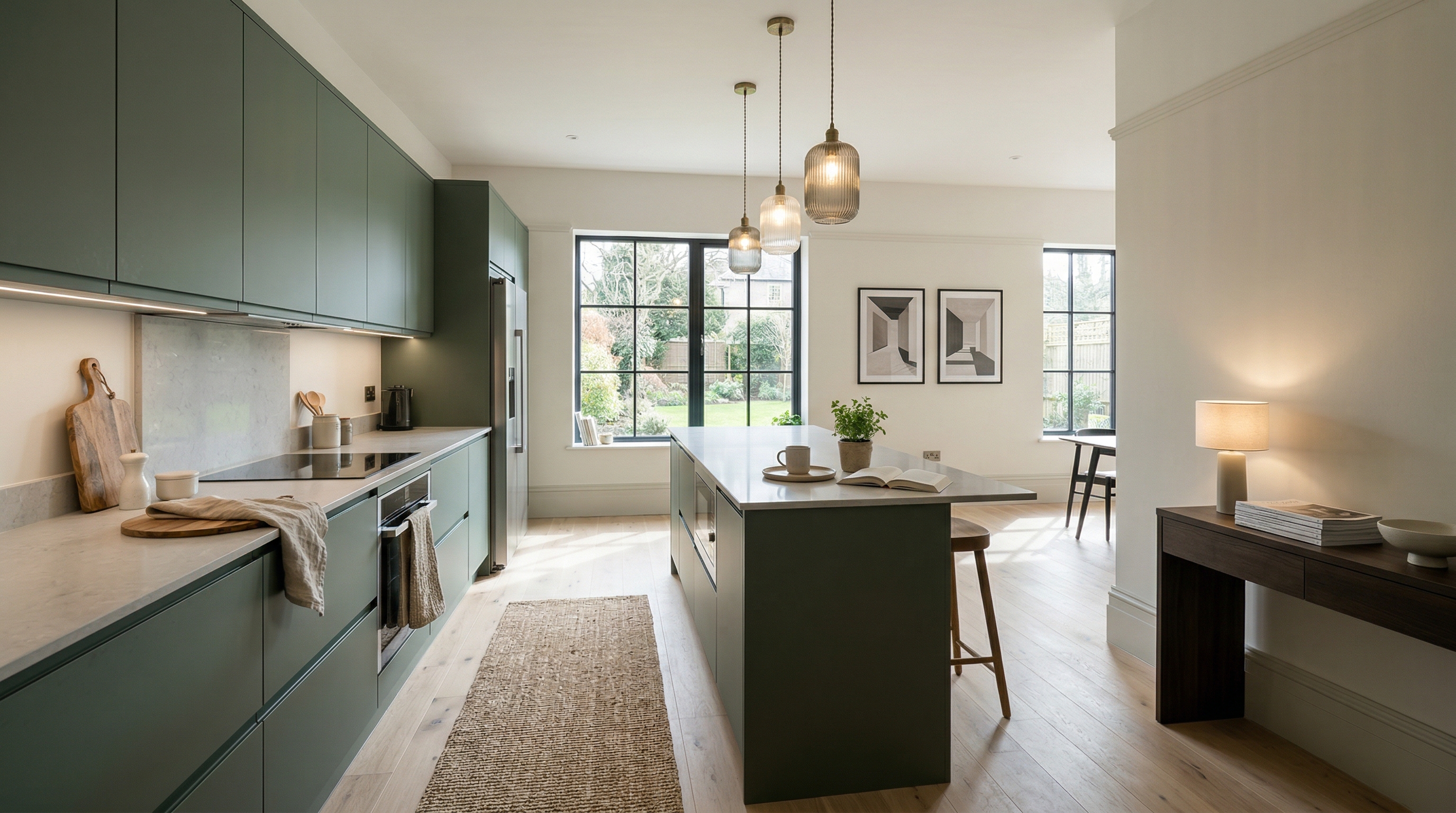 Wide view of a newly completed bespoke Mastercraft kitchen, contemporary painted lay-on cabinetry in stone grey tones