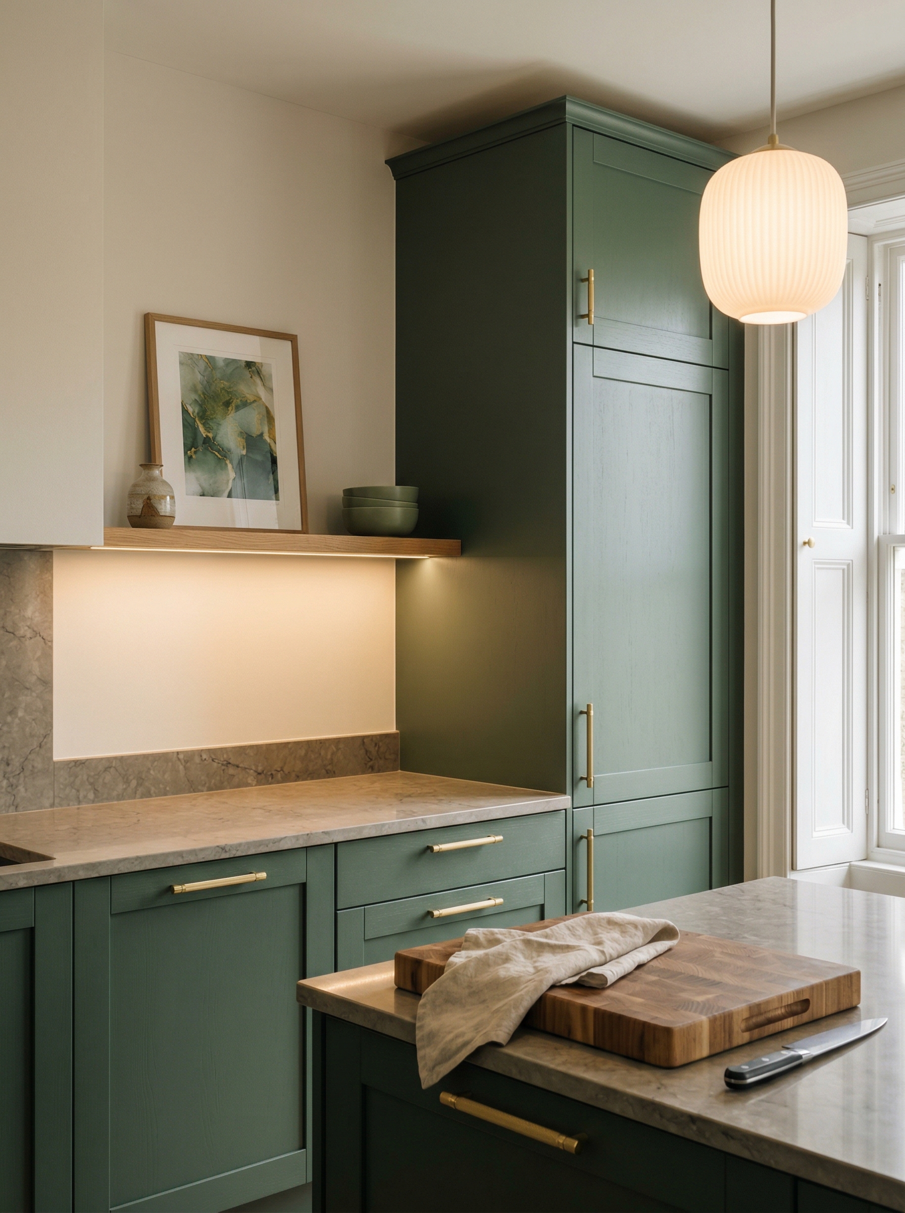 Tall view of full-height bespoke kitchen cabinetry, contemporary painted lay-on cabinetry
