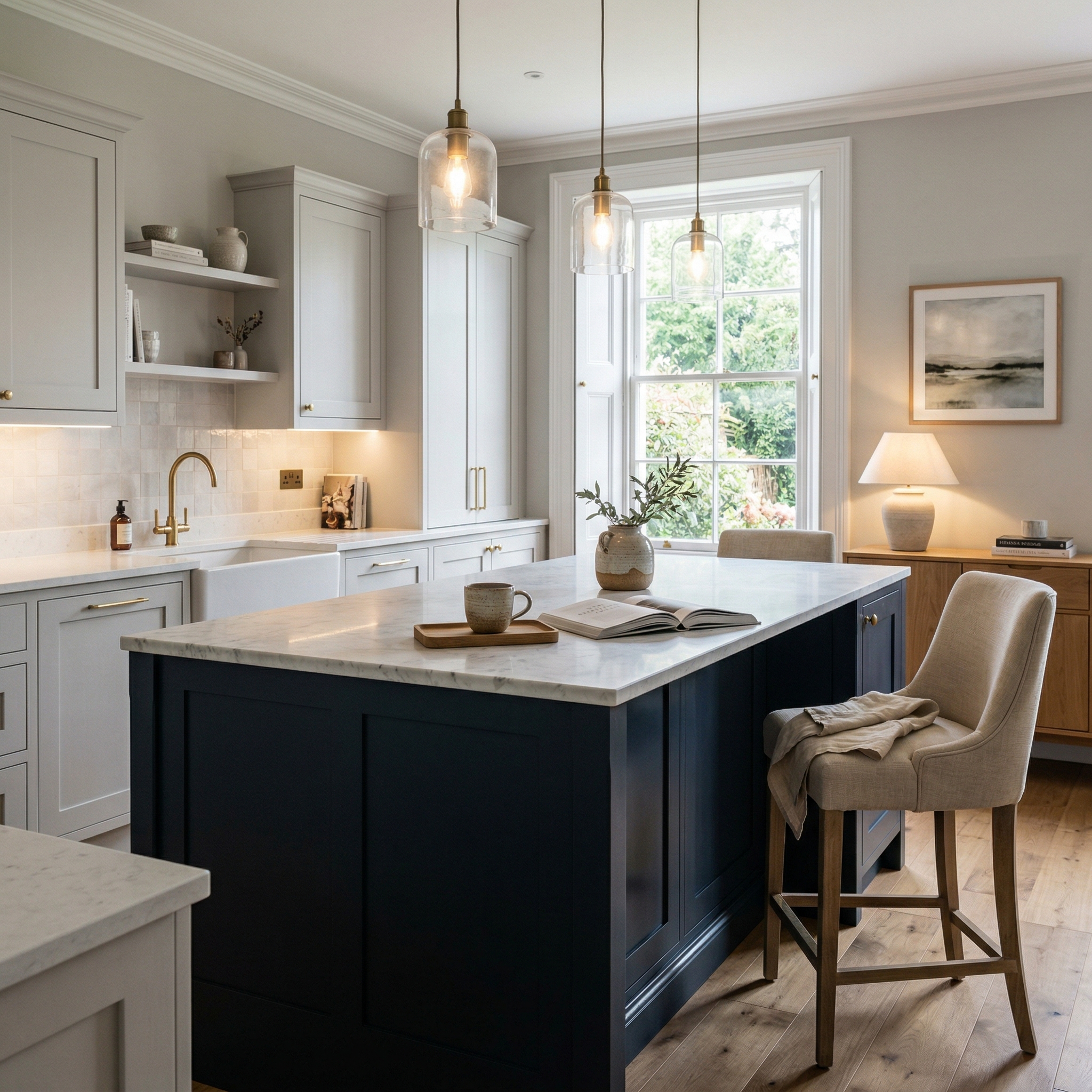 Bespoke kitchen island detail, contemporary painted lay-on cabinetry with quality joinery