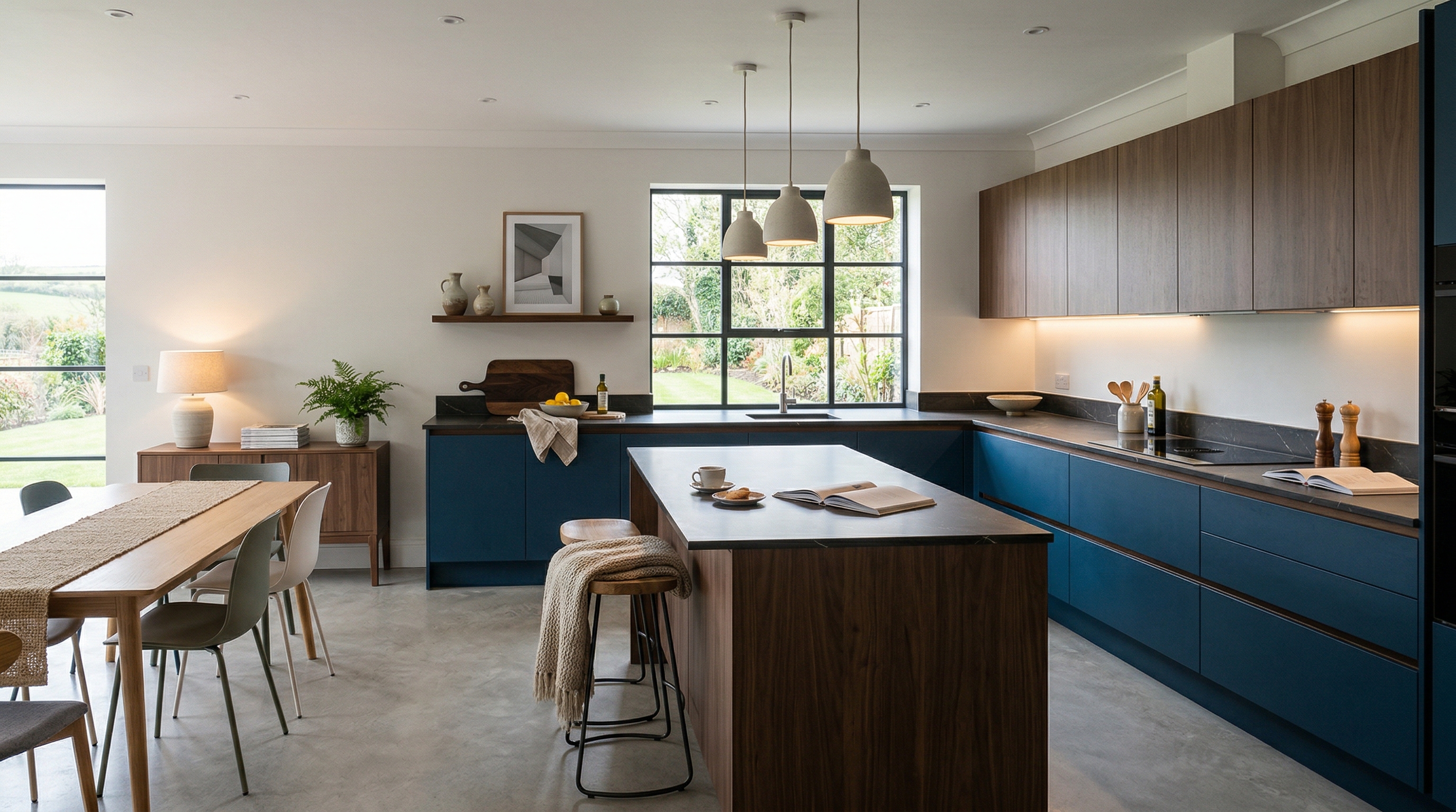 Mastercraft bespoke kitchen in Tenby, wide architectural view showing room volume and design quality