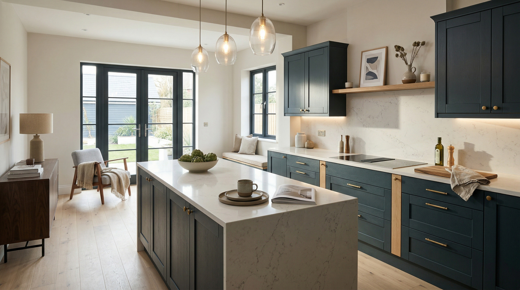 Wide view of a newly completed bespoke Mastercraft kitchen, modern shaker cabinetry in indigo tones