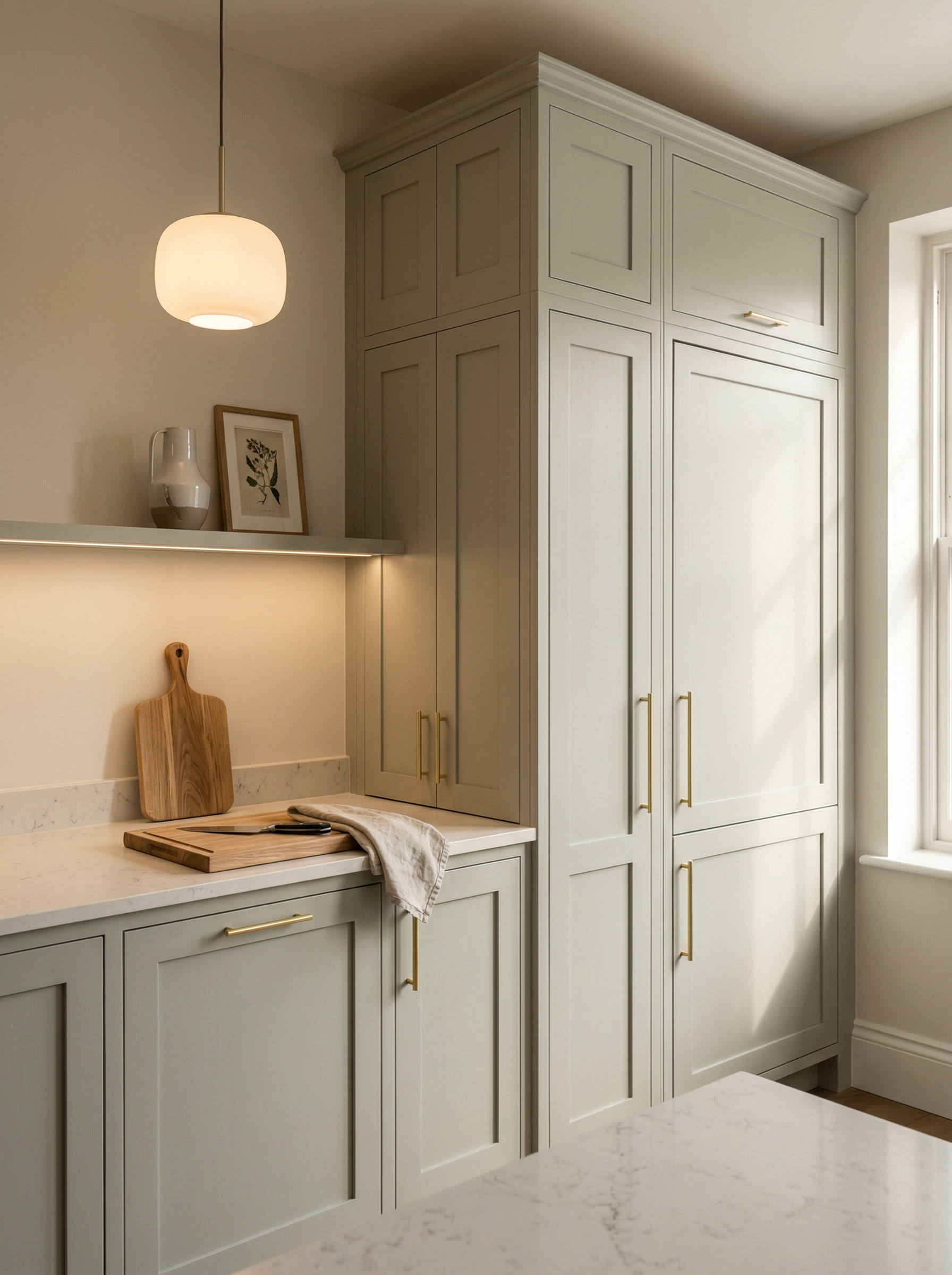 Tall view of full-height bespoke kitchen cabinetry, modern shaker cabinetry