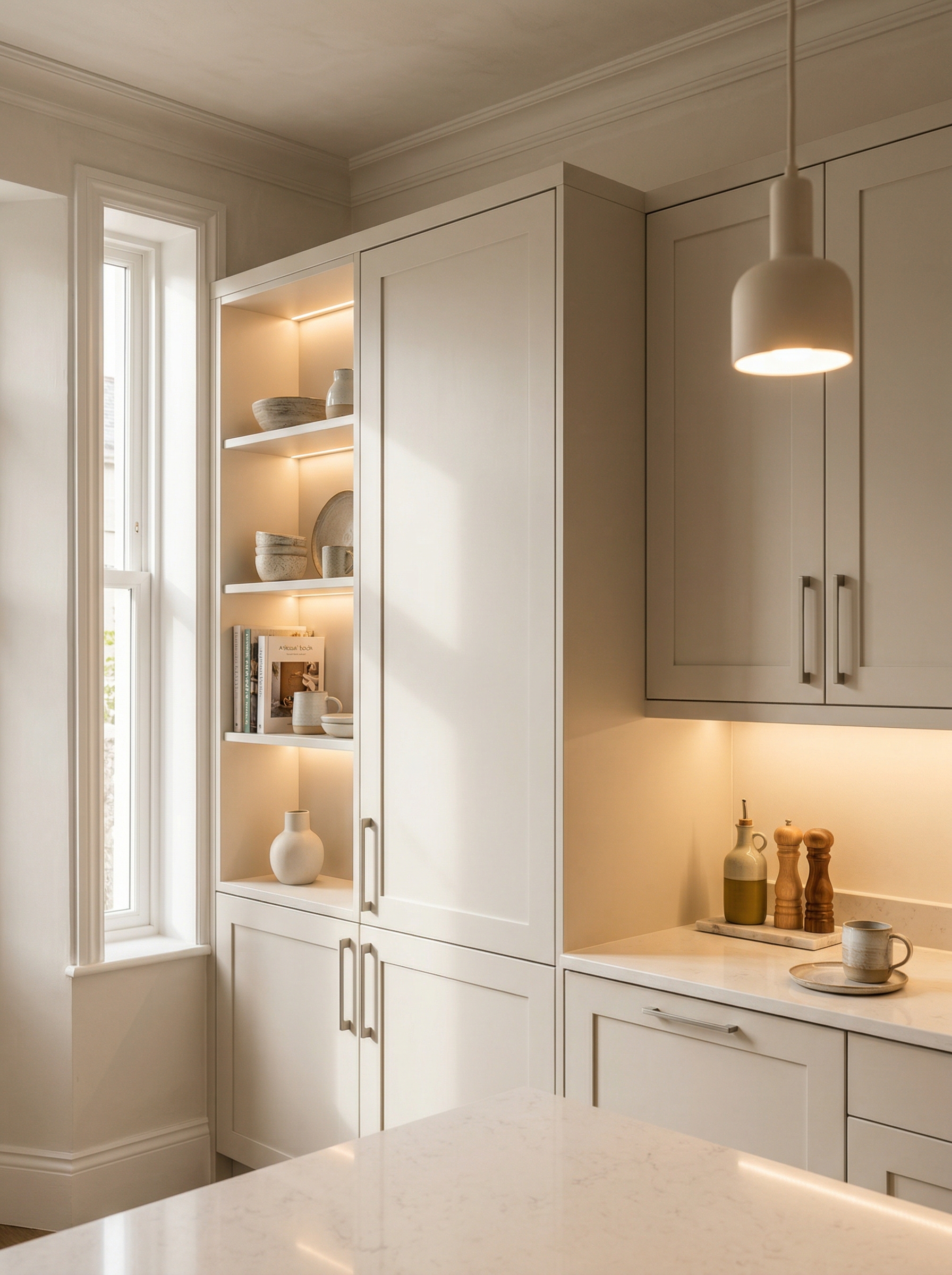 Bespoke kitchen installation, full-height cabinetry and considered storage design