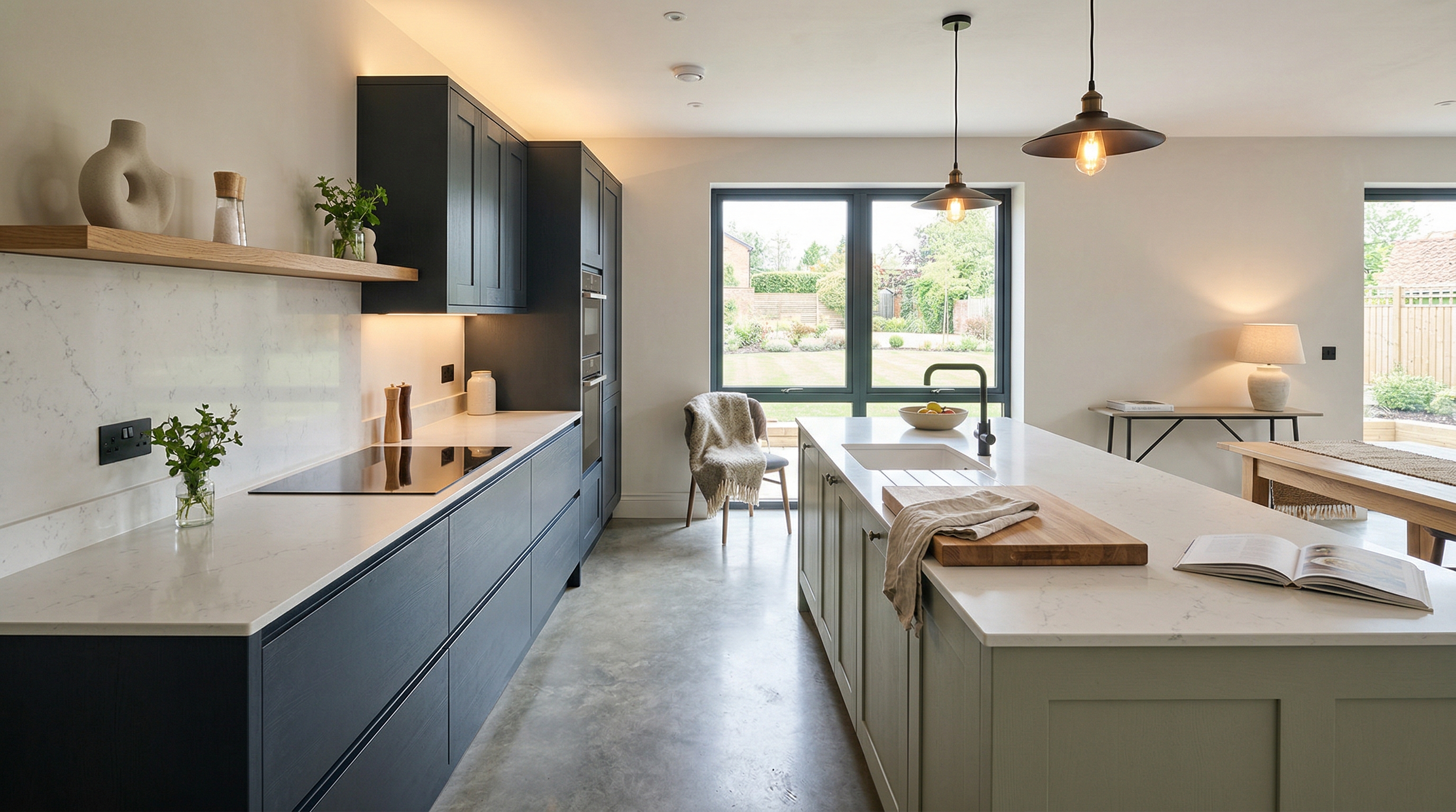 Mastercraft bespoke kitchen in Thetford, wide architectural view showing room volume and design quality