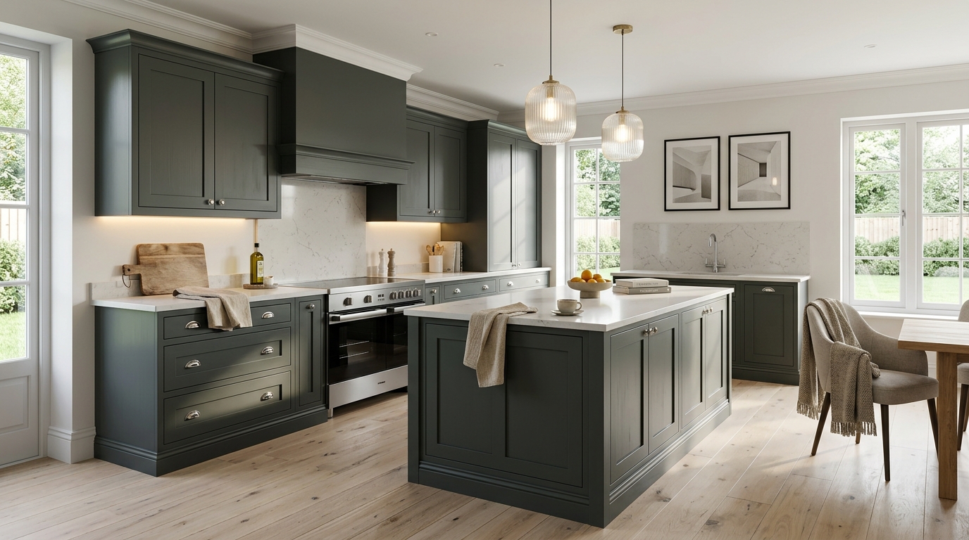 Wide view of a newly completed bespoke Mastercraft kitchen, contemporary painted lay-on cabinetry in graphite tones