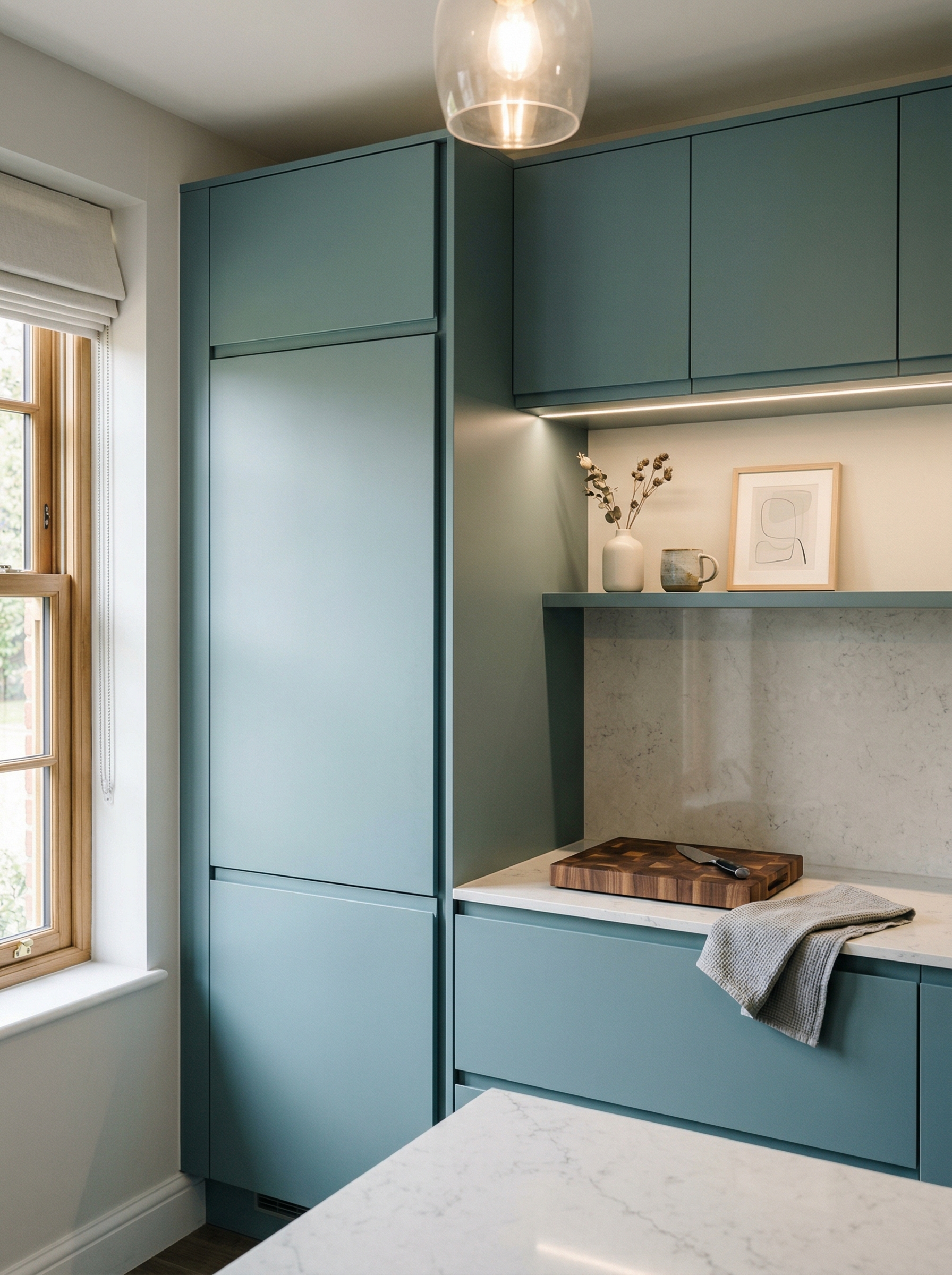 Tall view of full-height bespoke kitchen cabinetry, contemporary painted lay-on cabinetry
