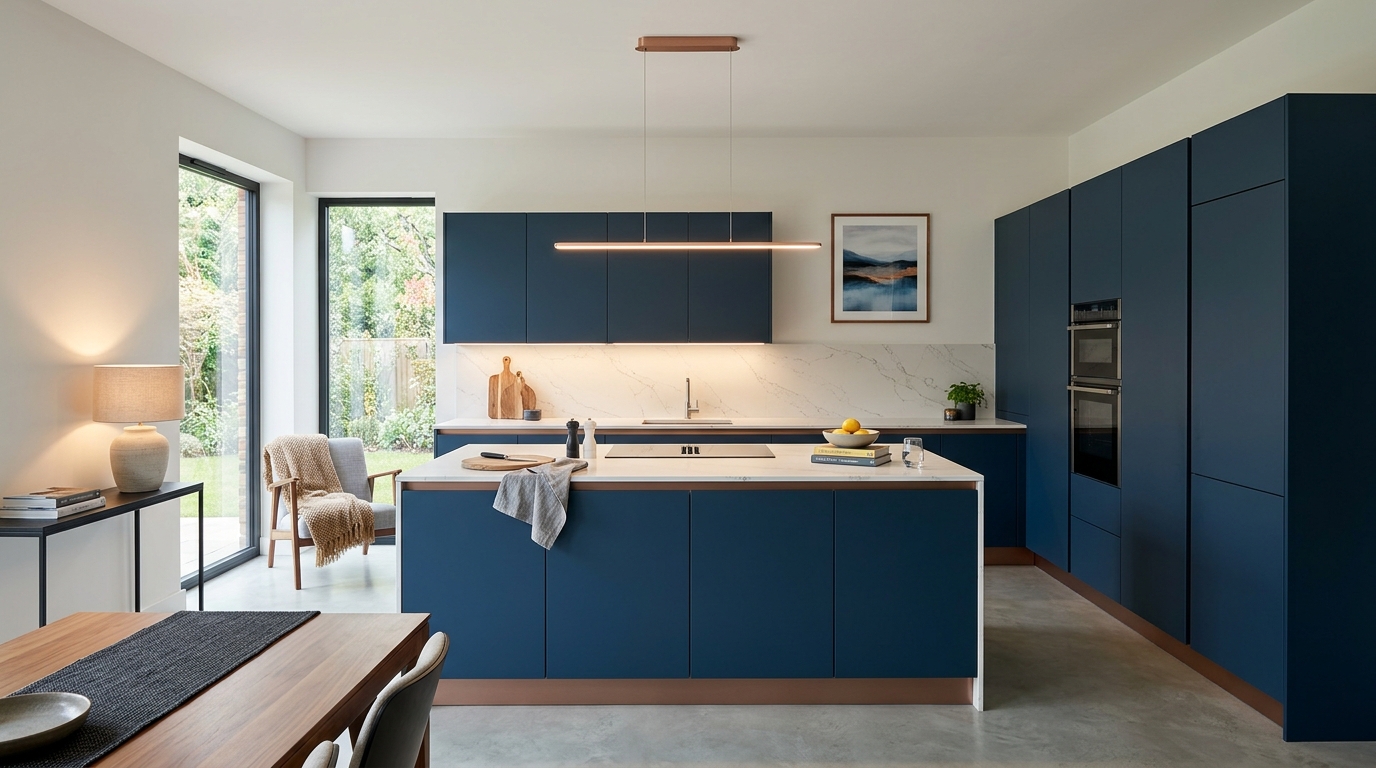 Wide view of a newly completed bespoke Mastercraft kitchen, modern shaker cabinetry in shell tones