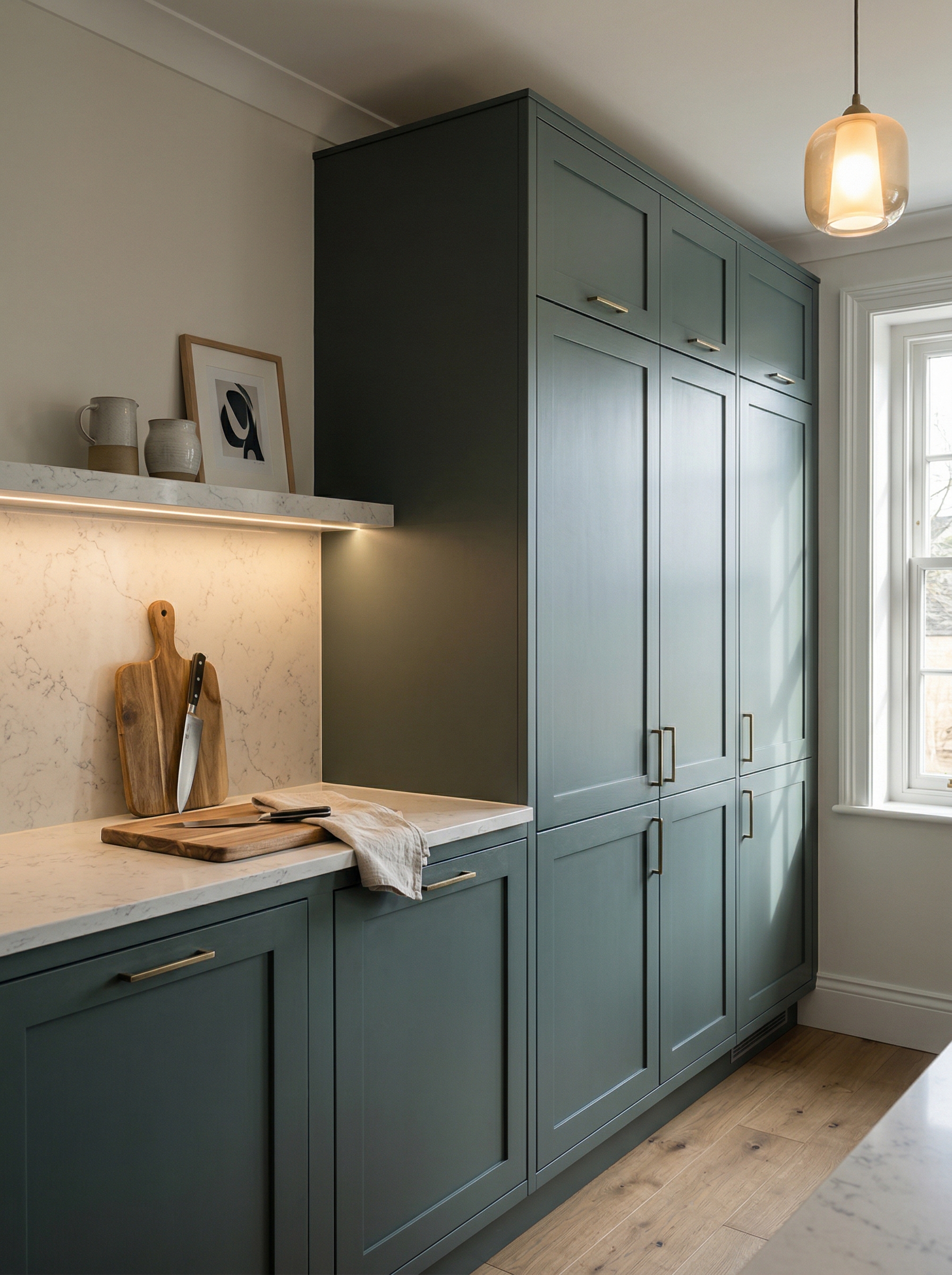 Tall view of full-height bespoke kitchen cabinetry, modern shaker cabinetry