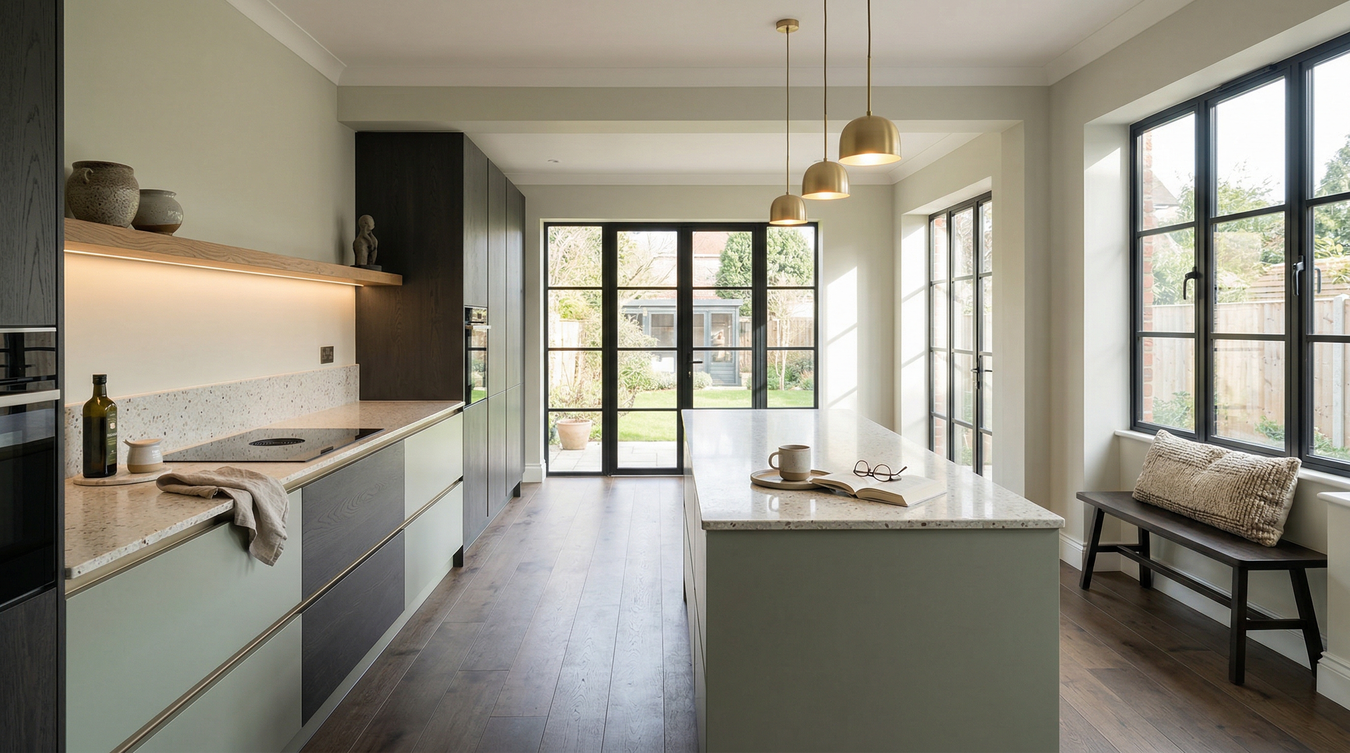 Mastercraft bespoke kitchen in Tiverton, wide architectural view showing room volume and design quality