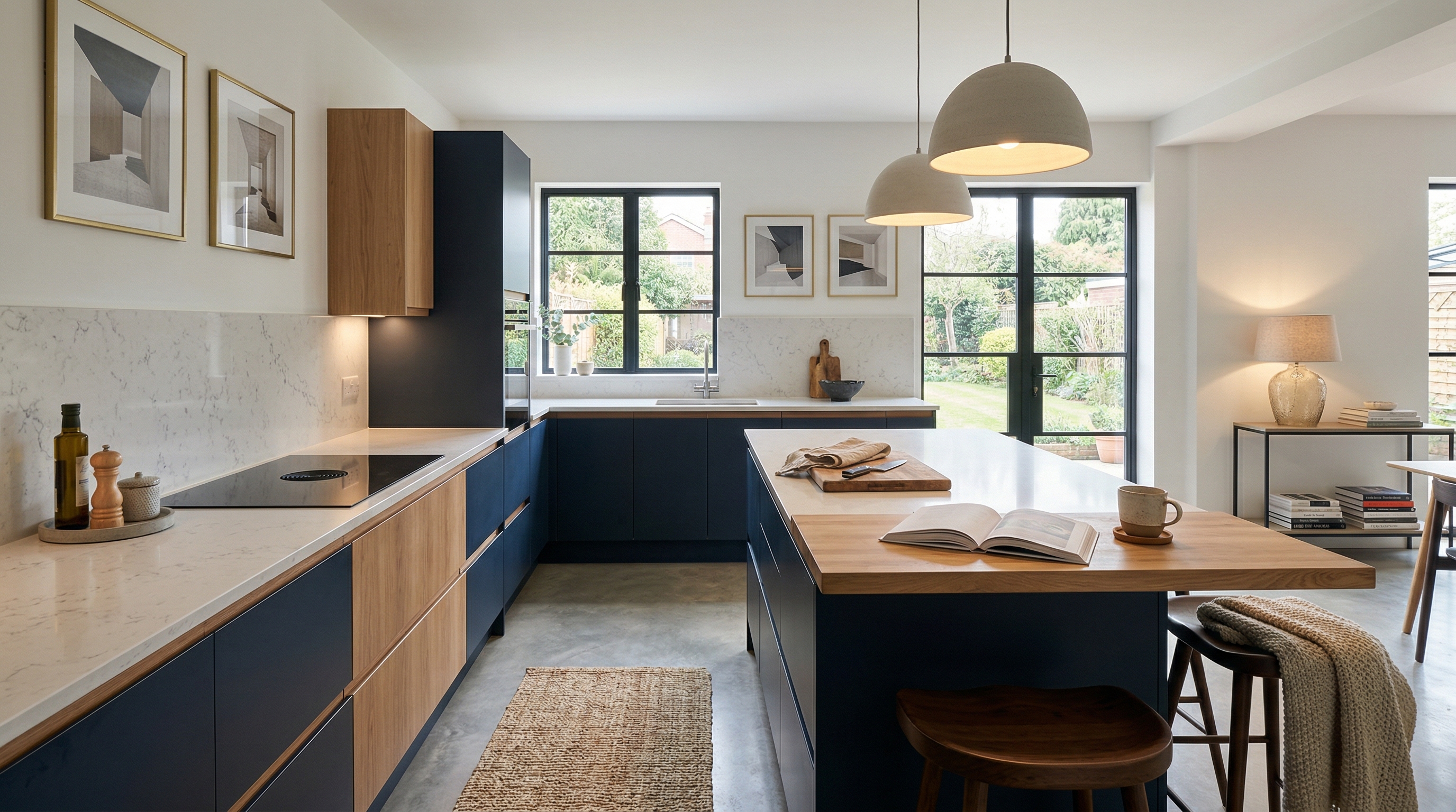 Wide view of a newly completed bespoke Mastercraft kitchen, matt painted handleless slab cabinetry in stone grey tones