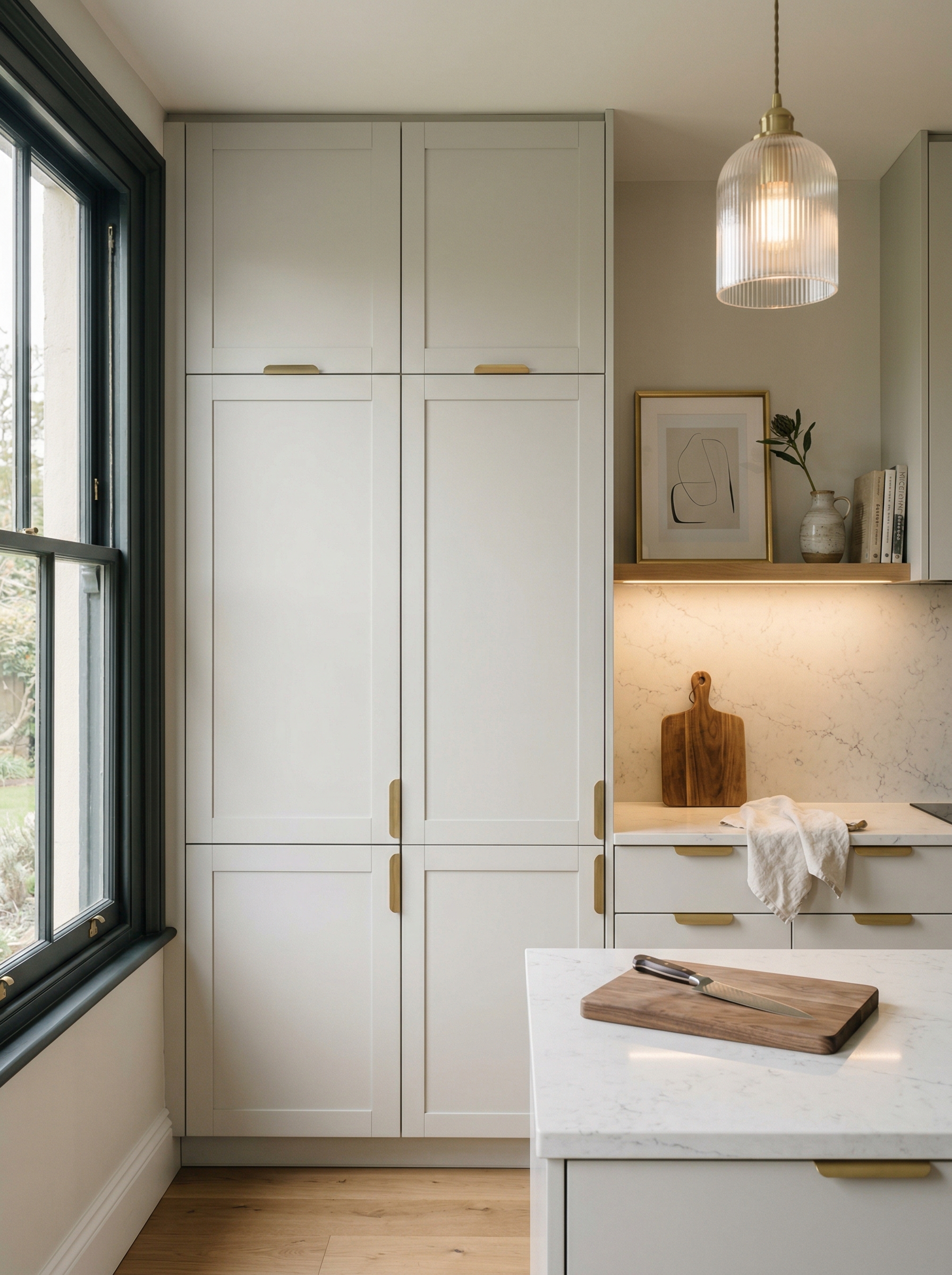 portrait1_600x800 Tall view of full-height bespoke kitchen cabinetry, matt painted handleless slab cabinetry