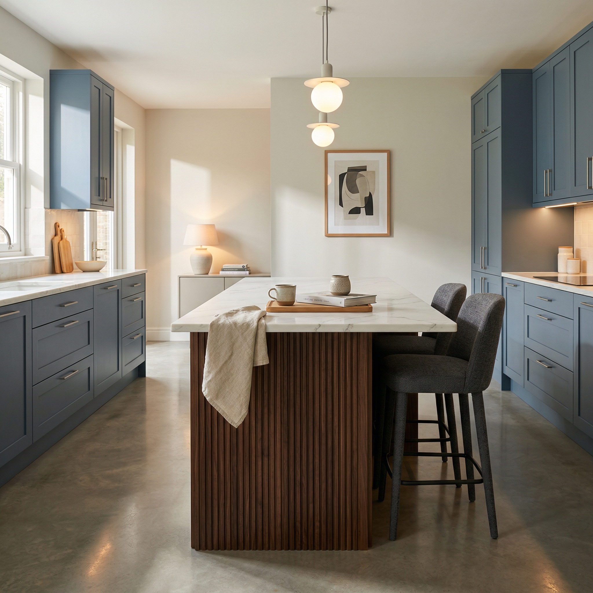 Bespoke kitchen island detail, matt painted handleless slab cabinetry with quality joinery
