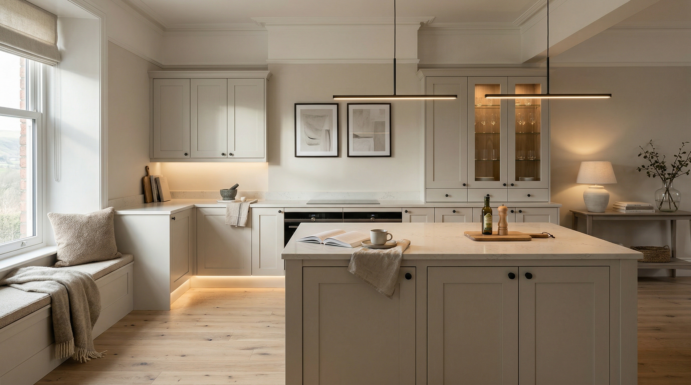 Wide view of a newly completed bespoke Mastercraft kitchen, timber veneer slab-door cabinetry in sage green tones