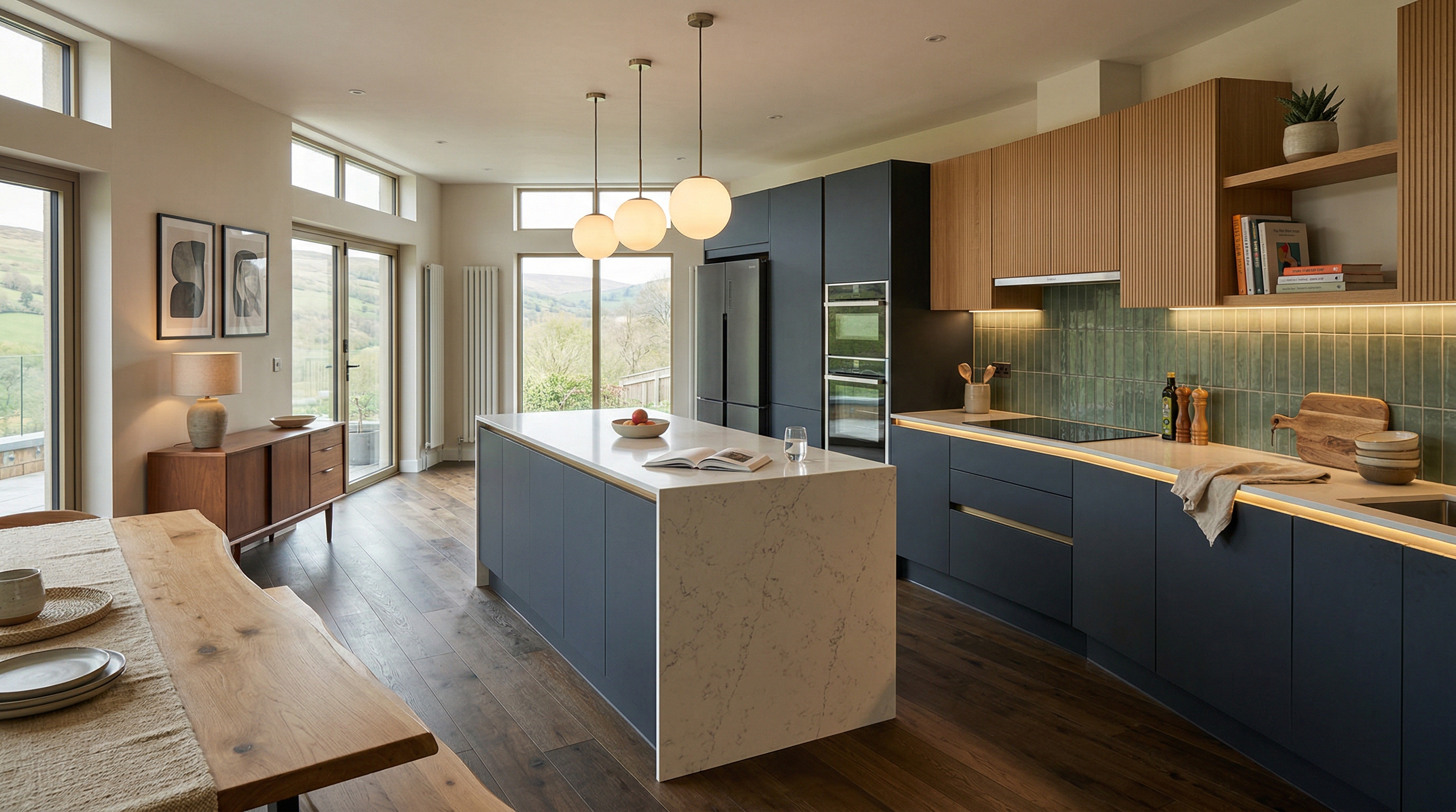 Mastercraft bespoke kitchen in Tonyrefail, wide architectural view showing room volume and design quality