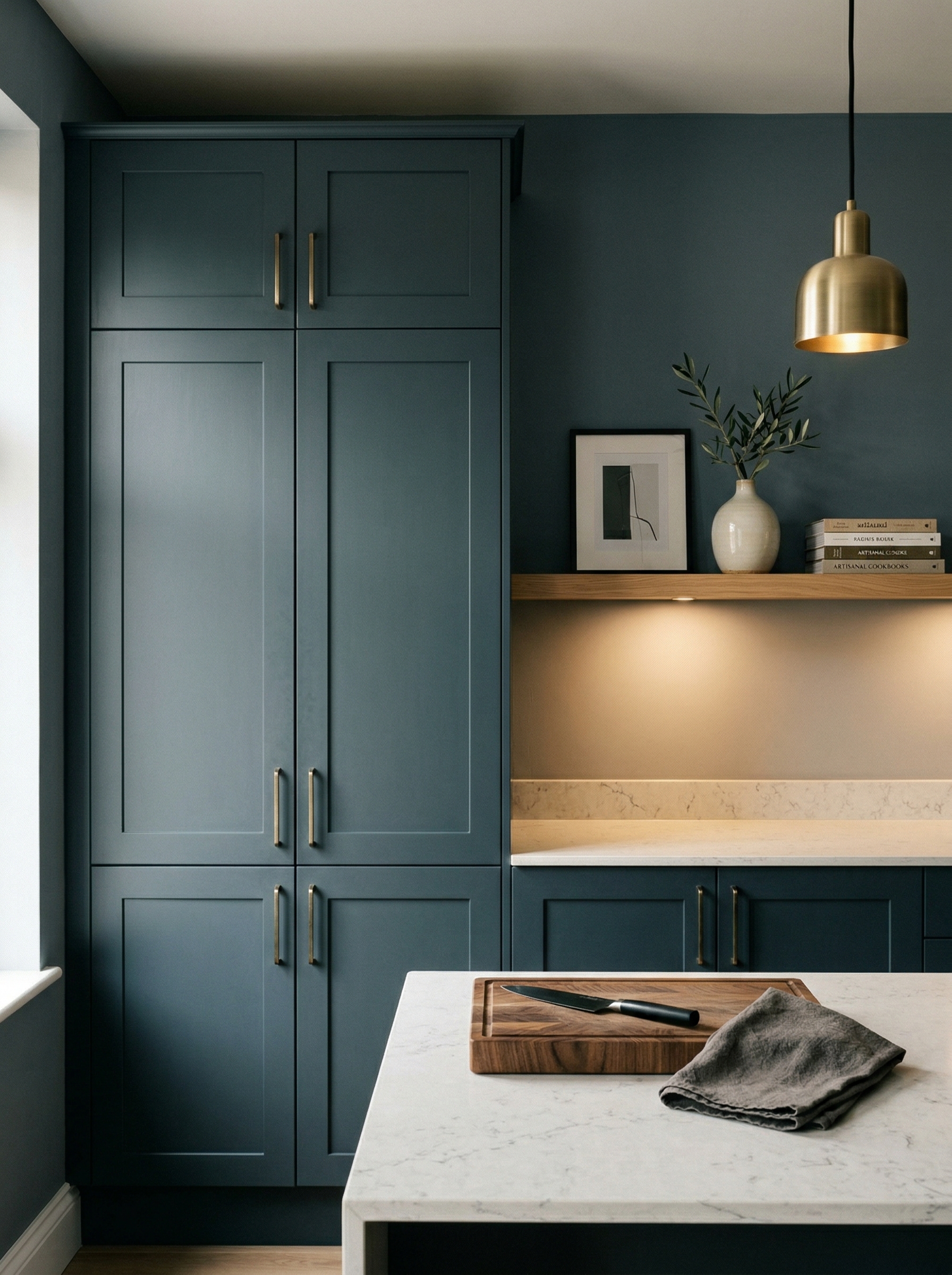 portrait1_600x800 Tall view of full-height bespoke kitchen cabinetry, matt painted handleless slab cabinetry