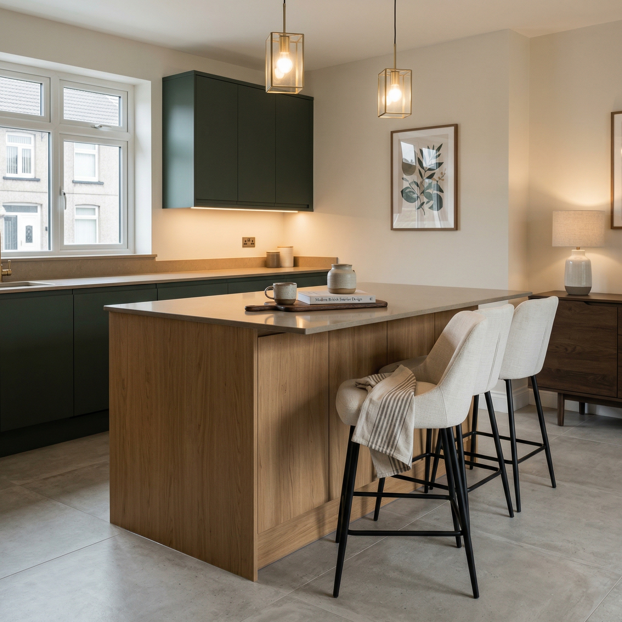 Bespoke kitchen island detail, matt painted handleless slab cabinetry with quality joinery