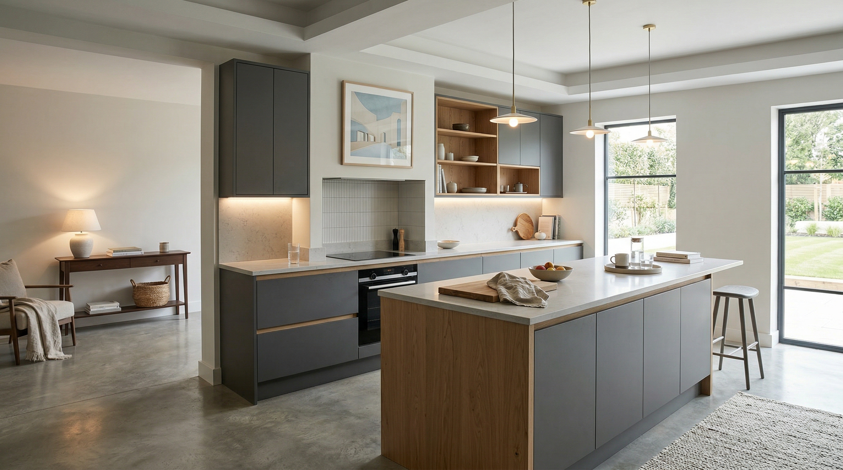 Mastercraft bespoke kitchen in Torquay, wide architectural view showing room volume and design quality