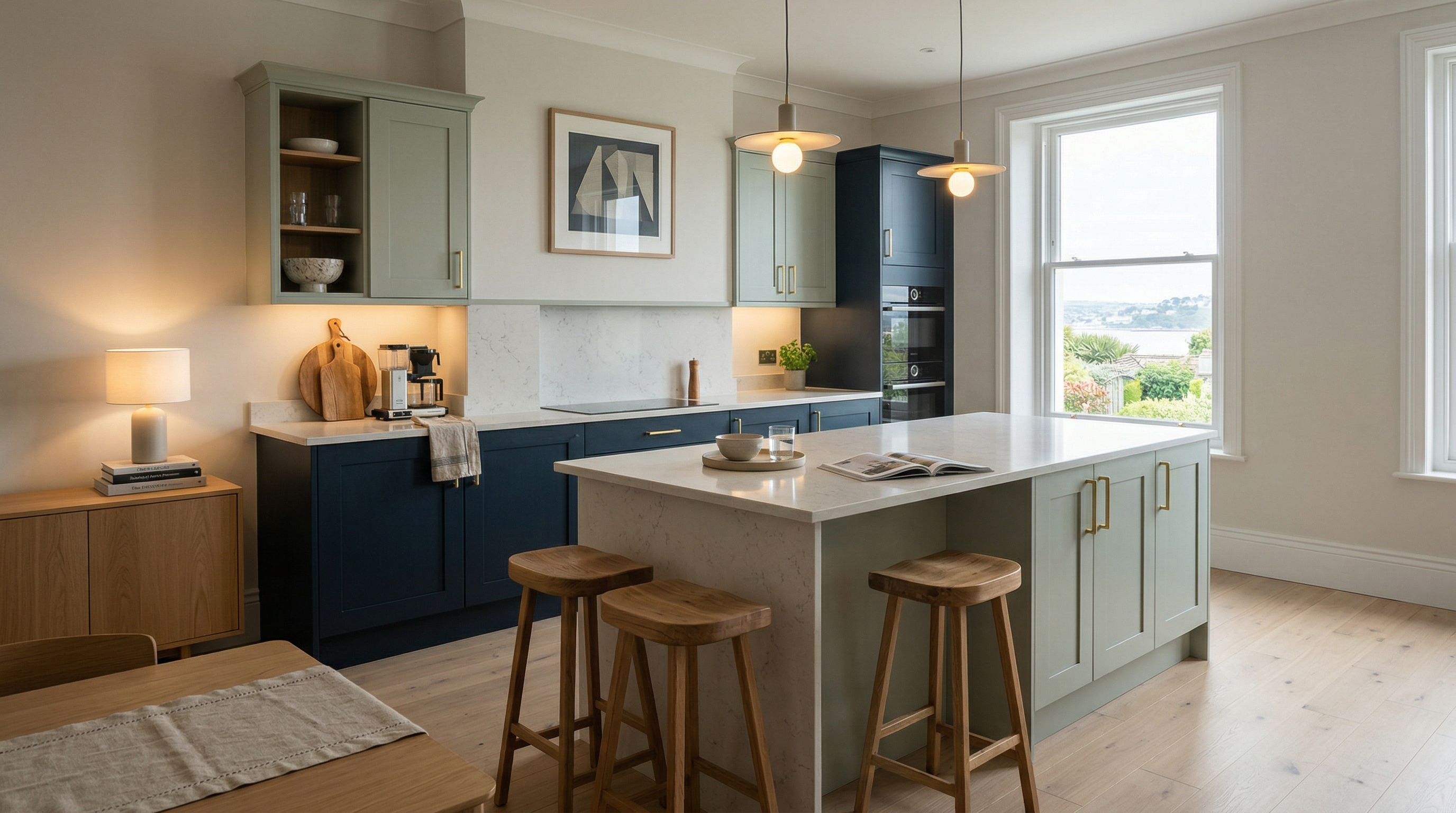 hero_1200x675 Wide view of a newly completed bespoke Mastercraft kitchen, timber veneer slab-door cabinetry in stone tones