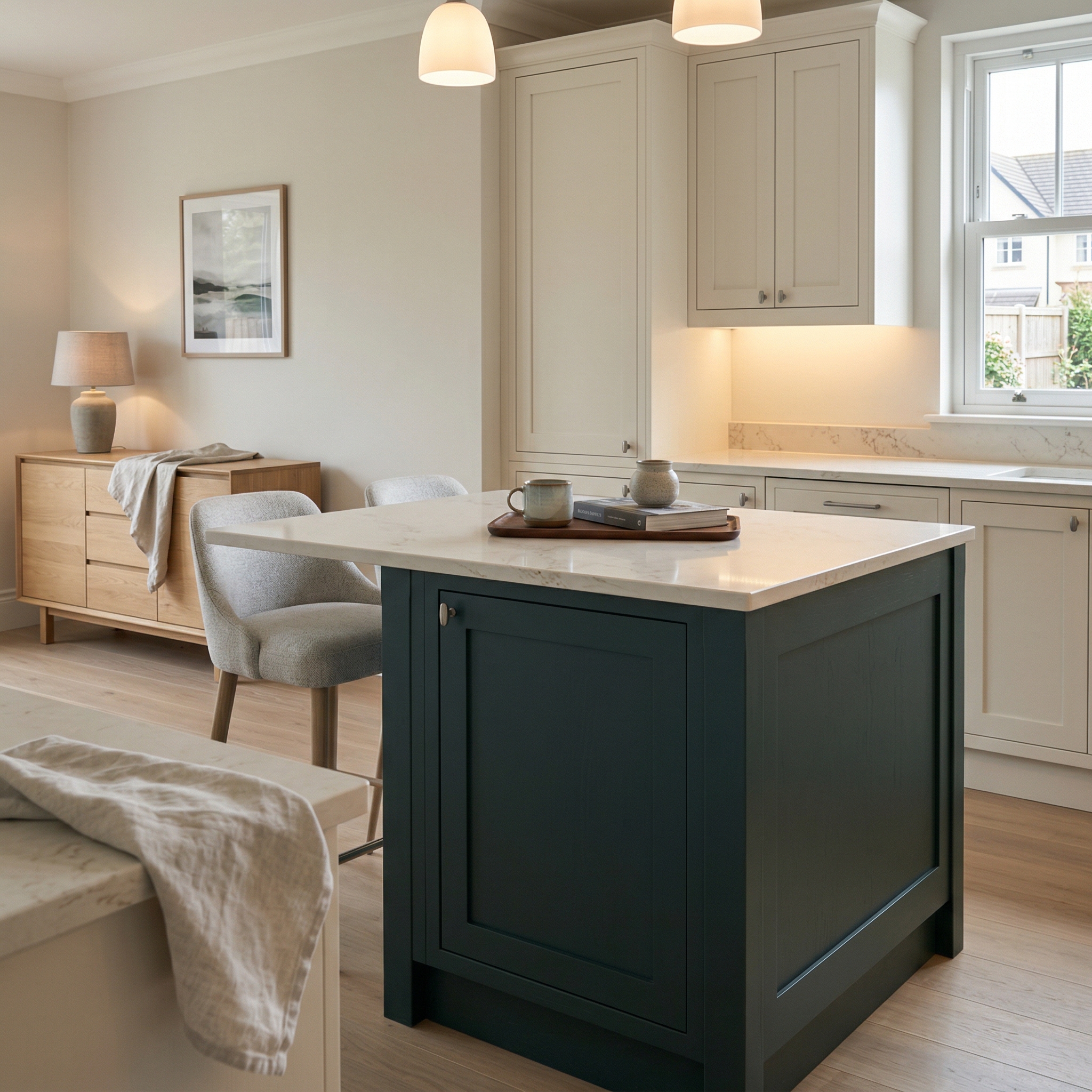 Bespoke kitchen island detail, timber veneer slab-door cabinetry with quality joinery