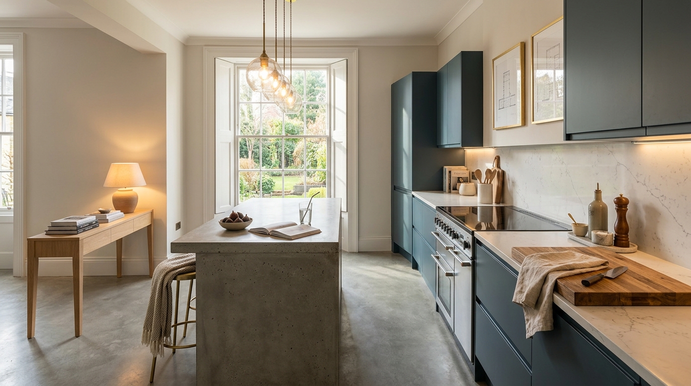 hero_1200x675 Wide view of a newly completed bespoke Mastercraft kitchen, modern shaker cabinetry in indigo tones