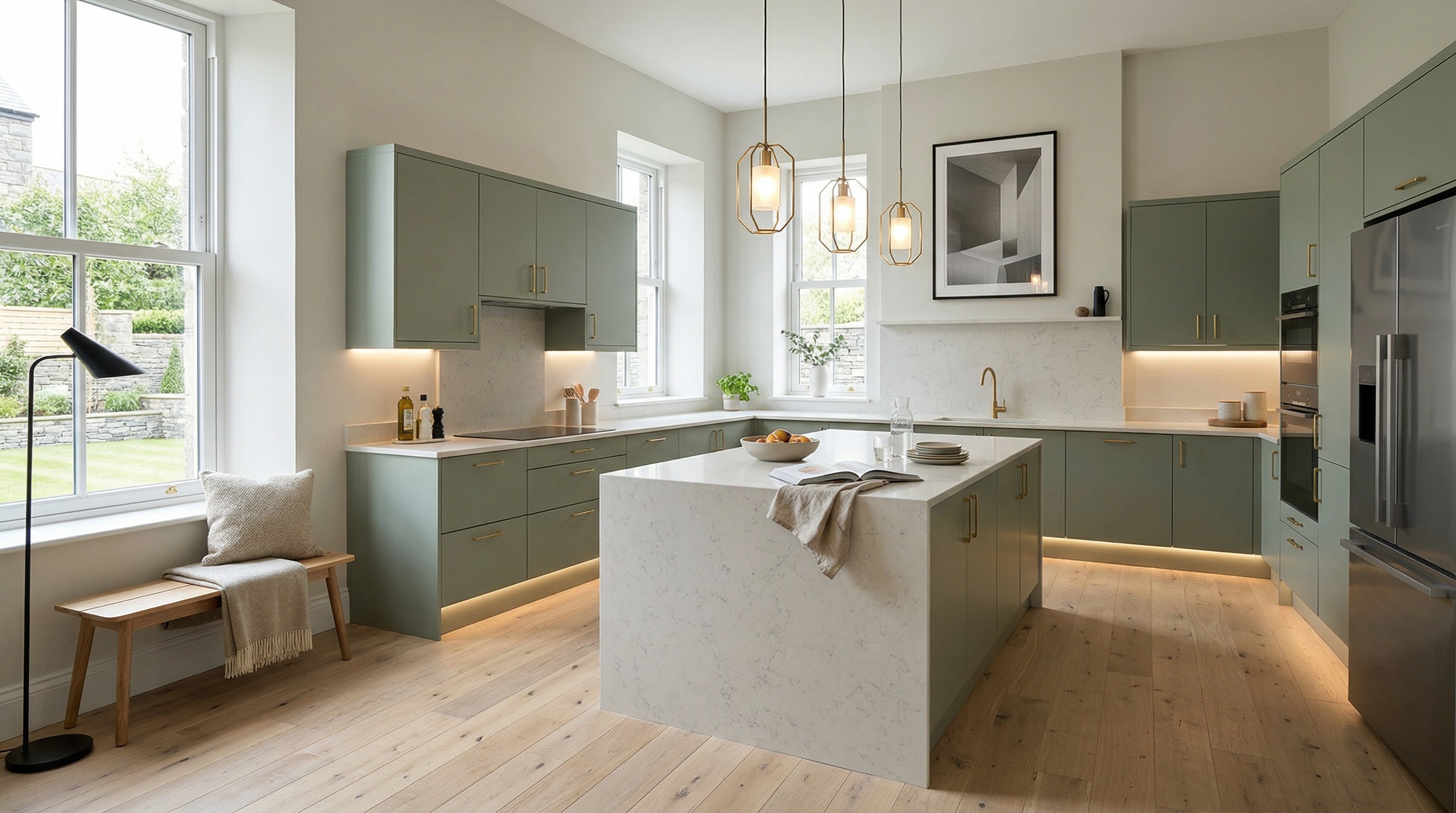 hero_1200x675 Wide view of a newly completed bespoke Mastercraft kitchen, contemporary painted lay-on cabinetry in light teal tones