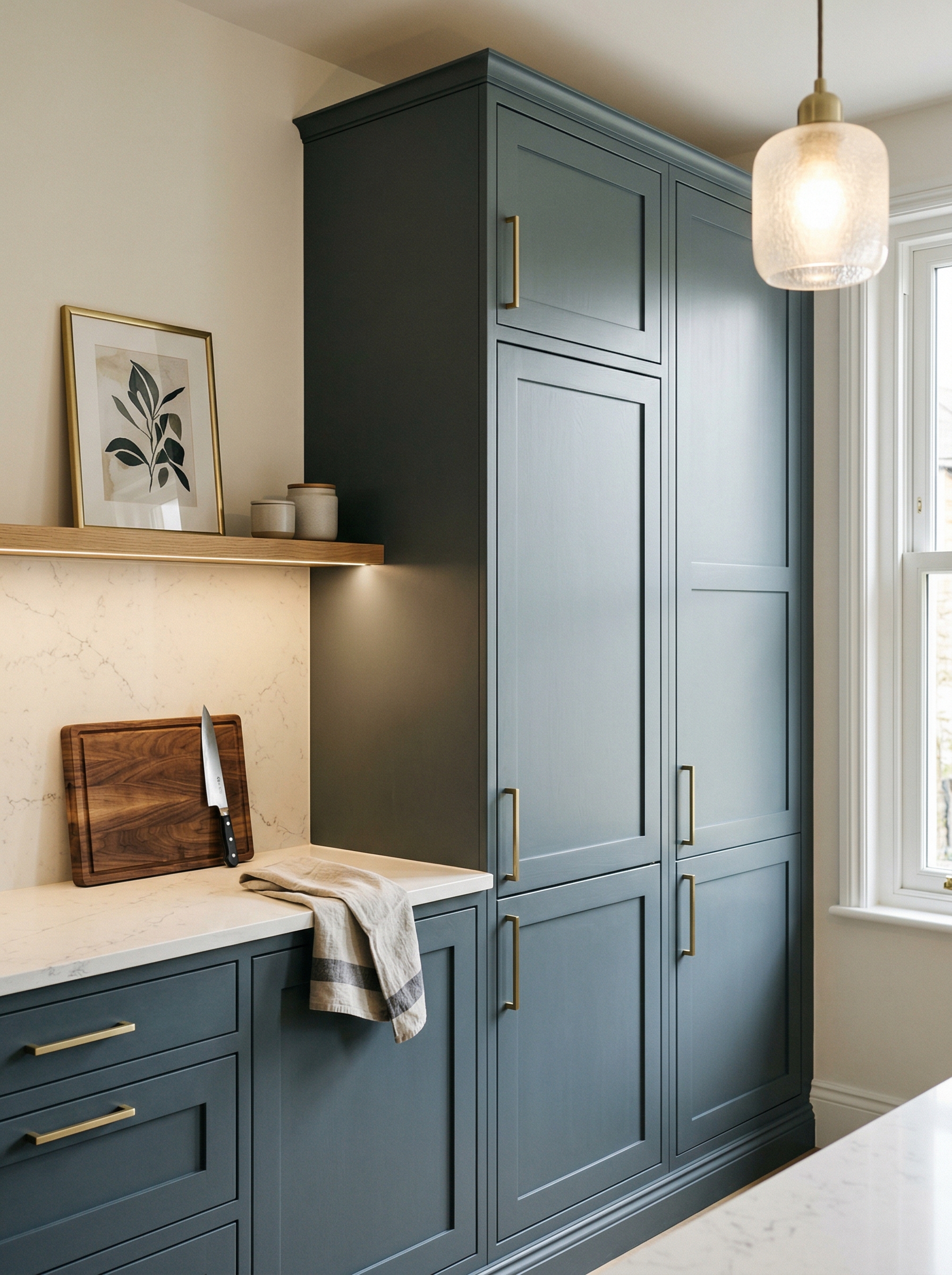 Tall view of full-height bespoke kitchen cabinetry, contemporary painted lay-on cabinetry