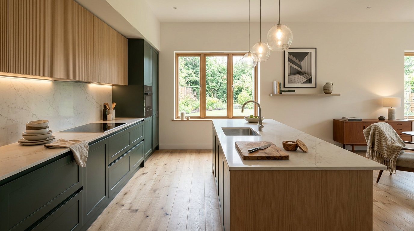 hero_1200x675 Wide view of a newly completed bespoke Mastercraft kitchen, matt painted handleless slab cabinetry in viridian tones