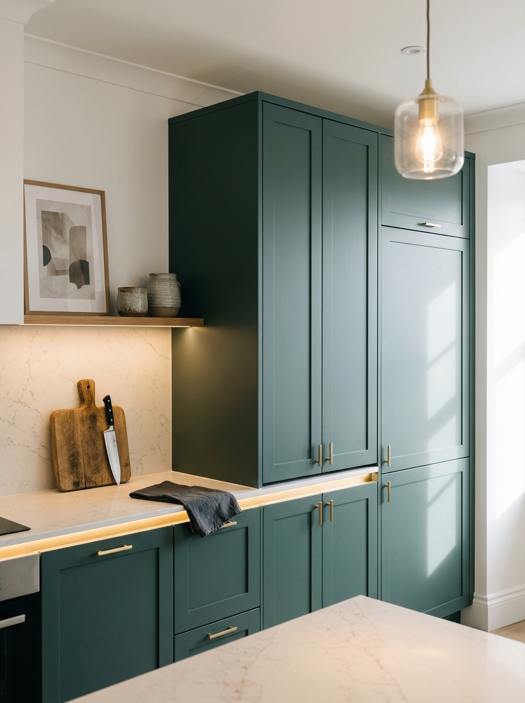 Tall view of full-height bespoke kitchen cabinetry, matt painted handleless slab cabinetry