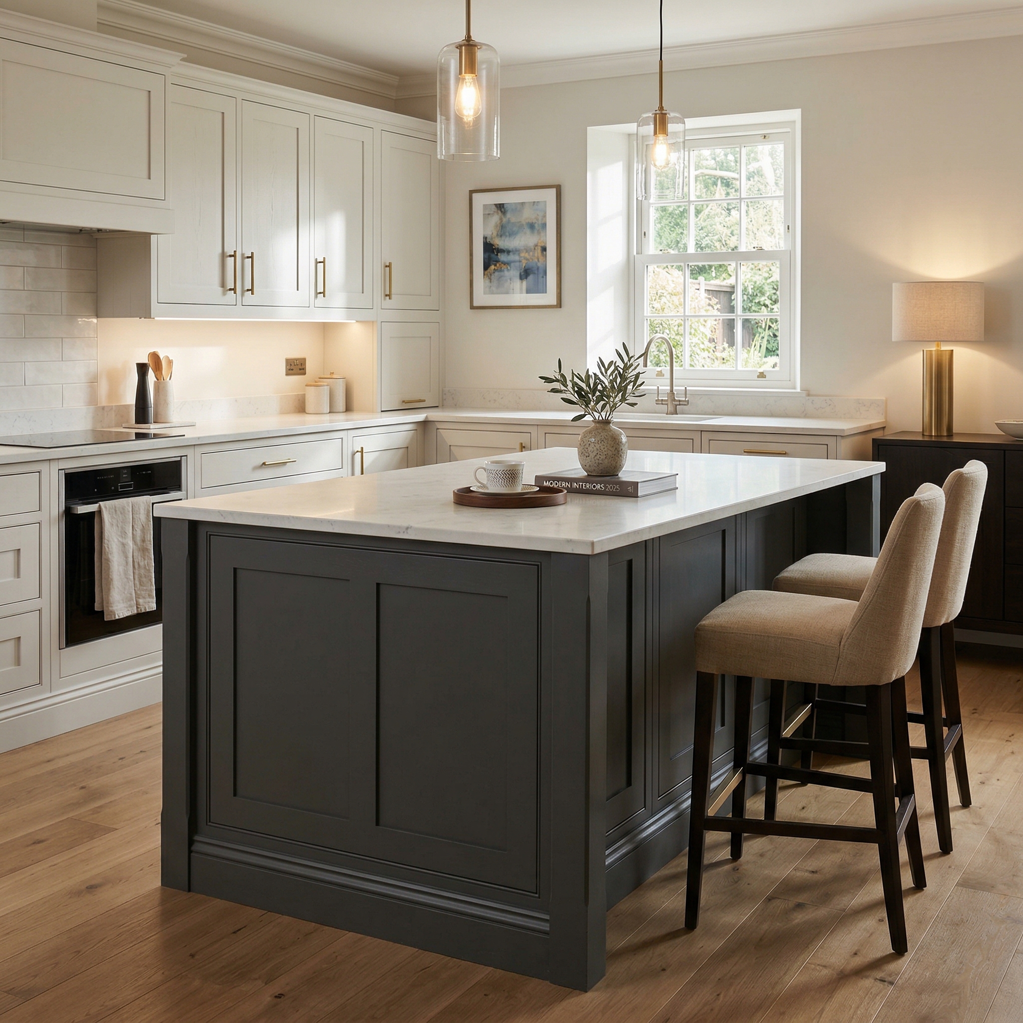 Bespoke kitchen island detail, matt painted handleless slab cabinetry with quality joinery