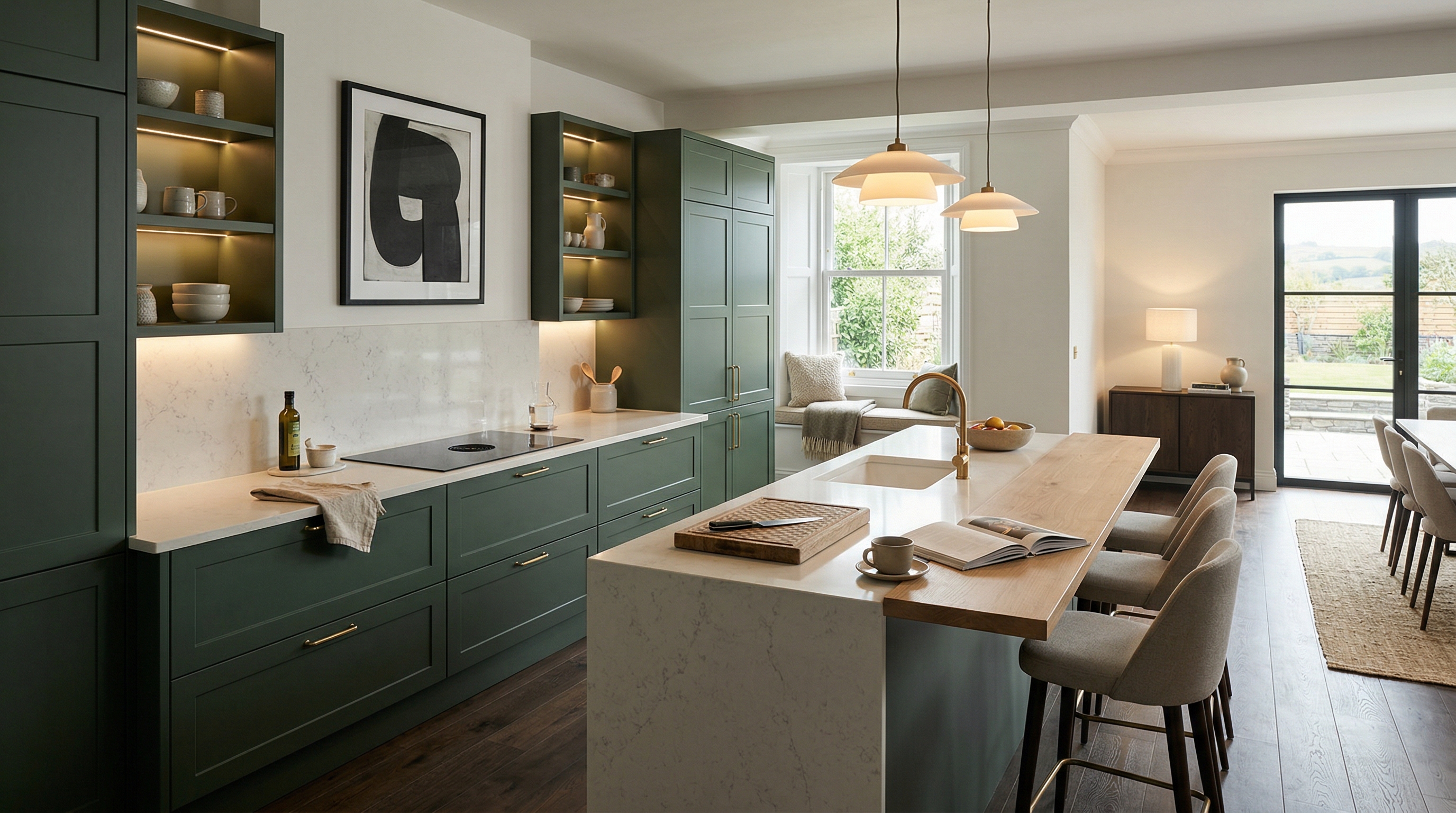 Mastercraft bespoke kitchen in Treharris, wide architectural view showing room volume and design quality