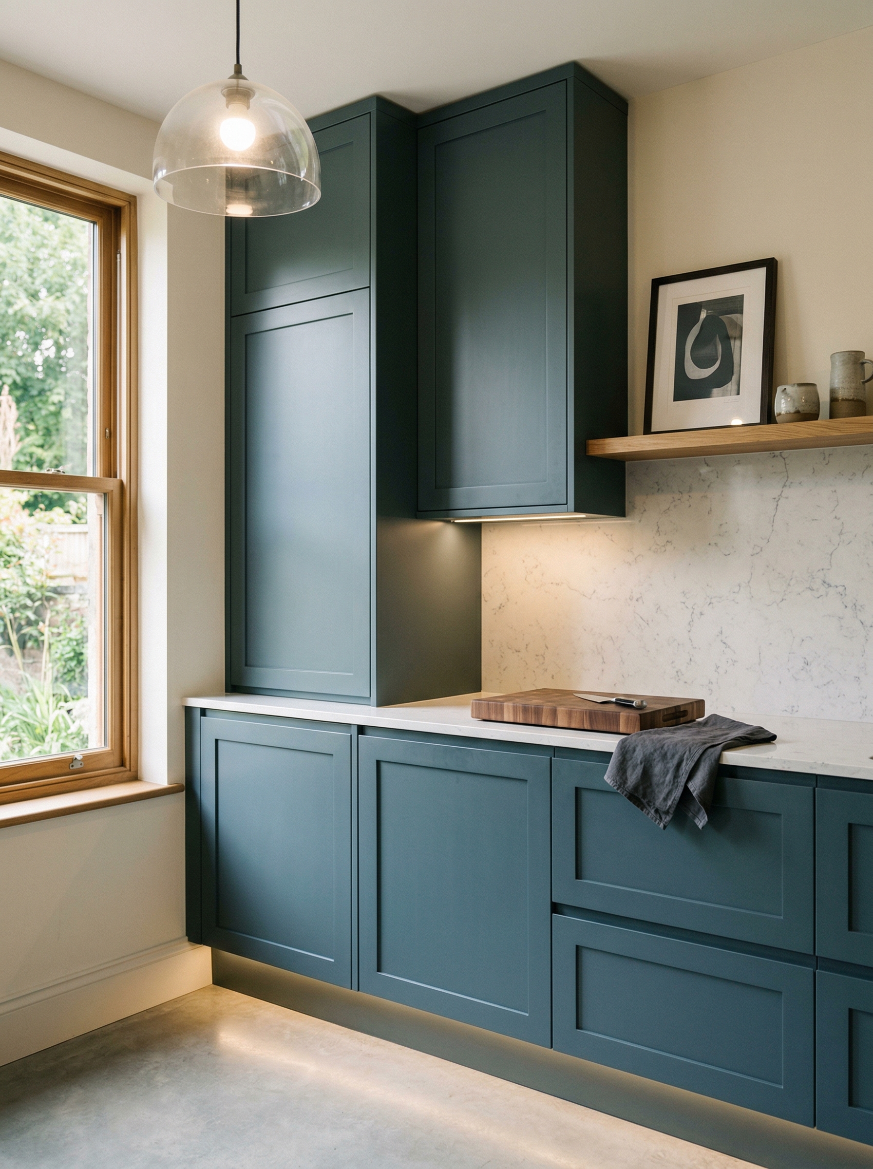 Tall view of full-height bespoke kitchen cabinetry, contemporary painted lay-on cabinetry