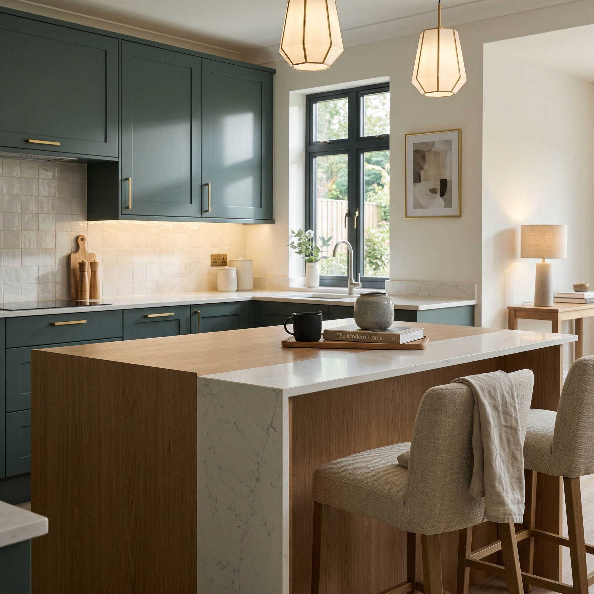 Bespoke kitchen island detail, contemporary painted lay-on cabinetry with quality joinery