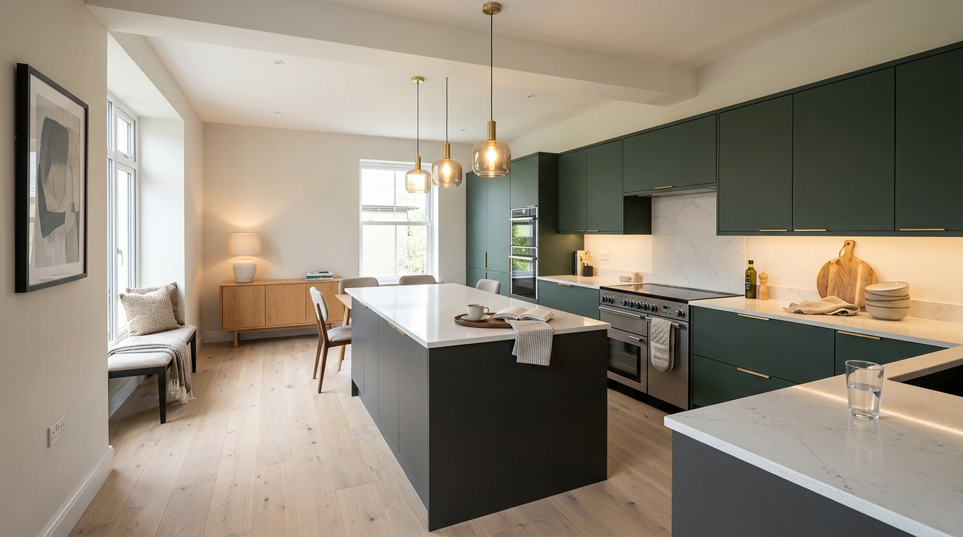 hero_1200x675 Wide view of a newly completed bespoke Mastercraft kitchen, contemporary in-frame cabinetry in graphite tones