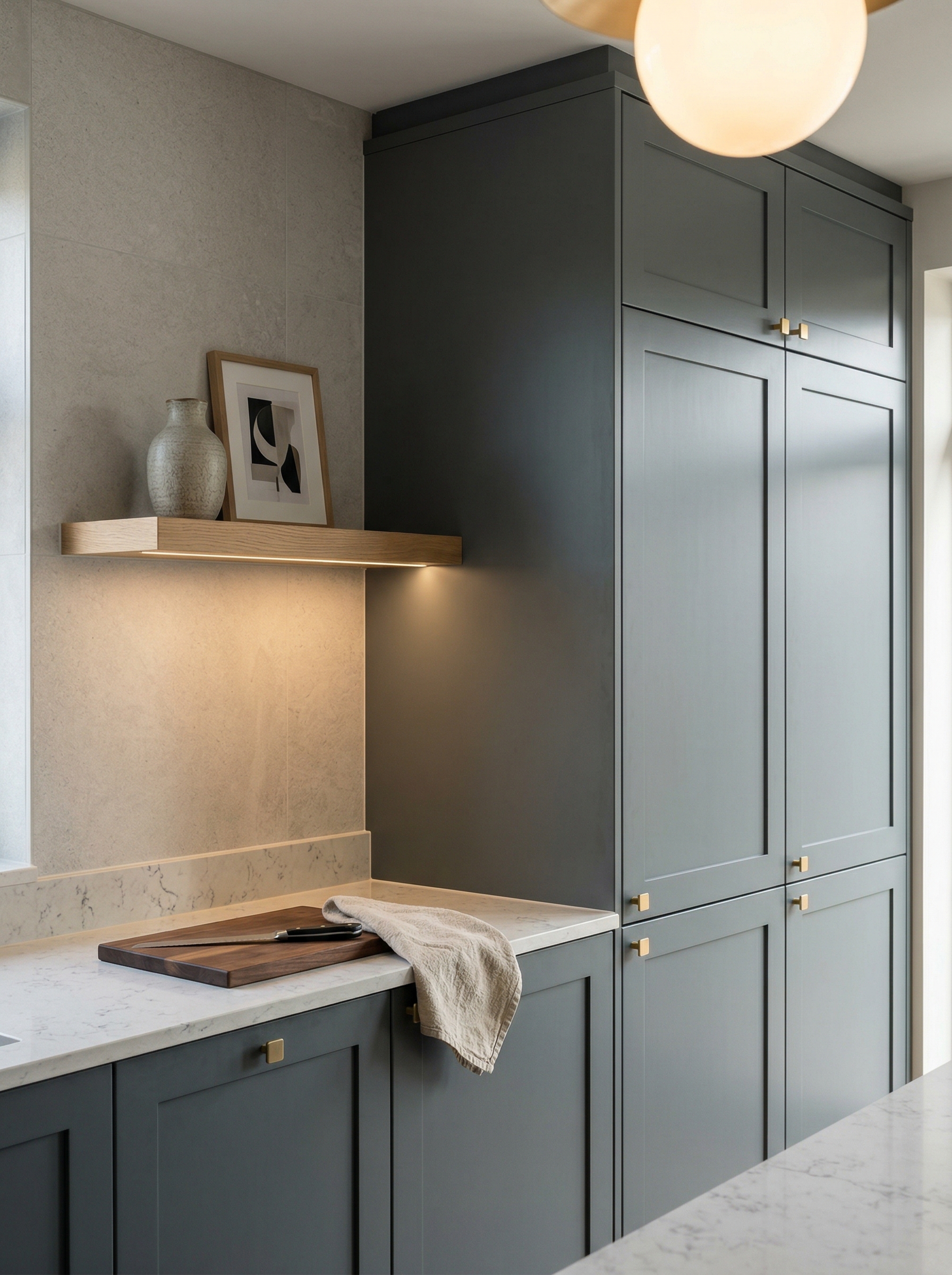 Tall view of full-height bespoke kitchen cabinetry, contemporary in-frame cabinetry